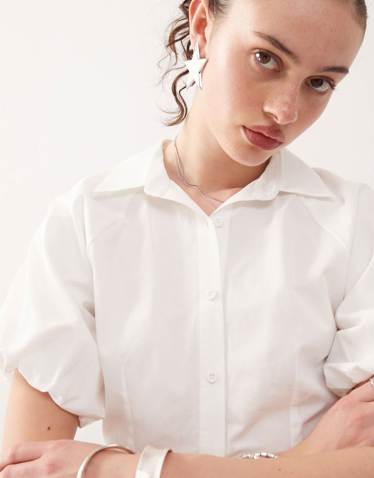 COLLUSION puff sleeve cinched shirt co-ord in white