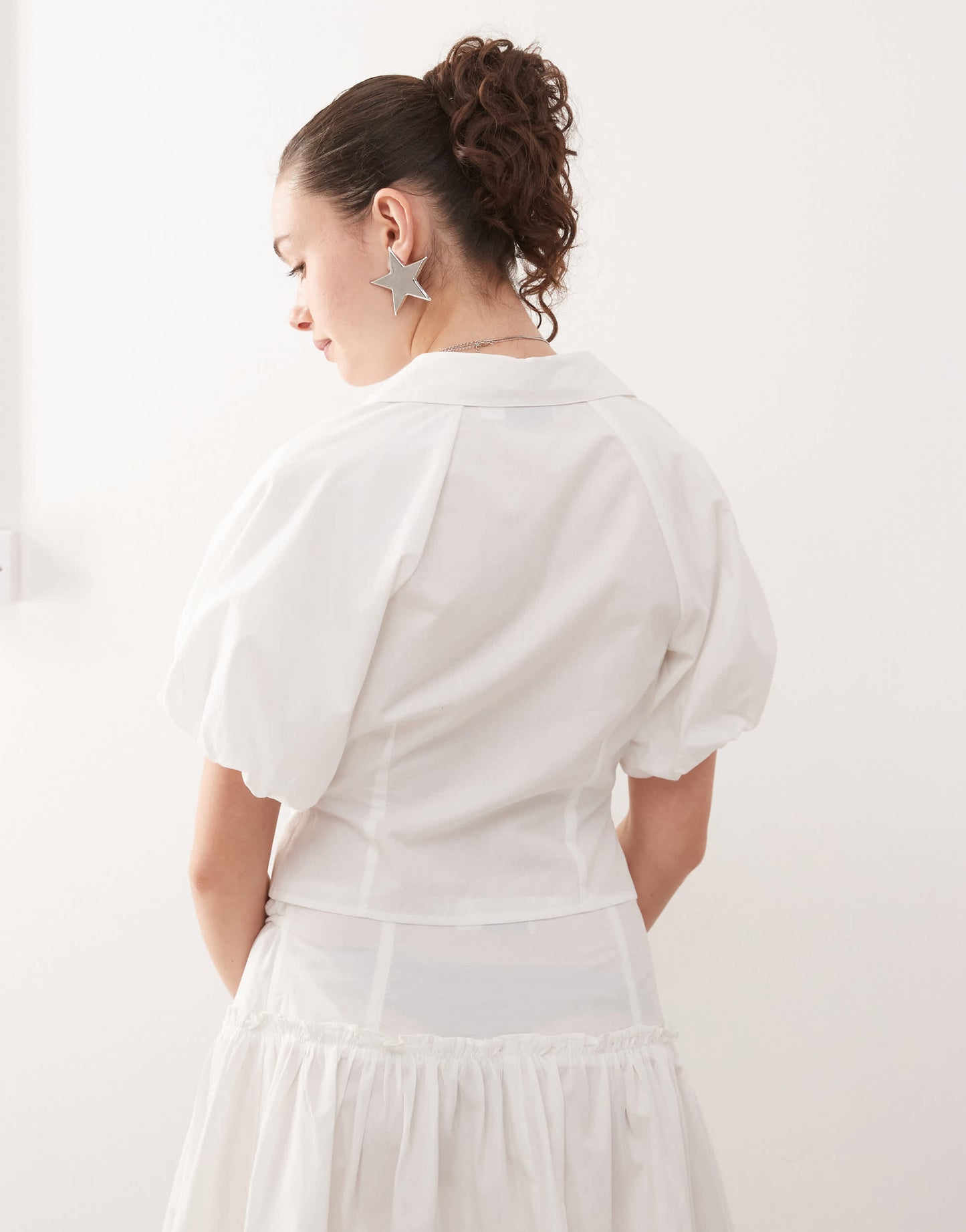COLLUSION puff sleeve cinched shirt co-ord in white