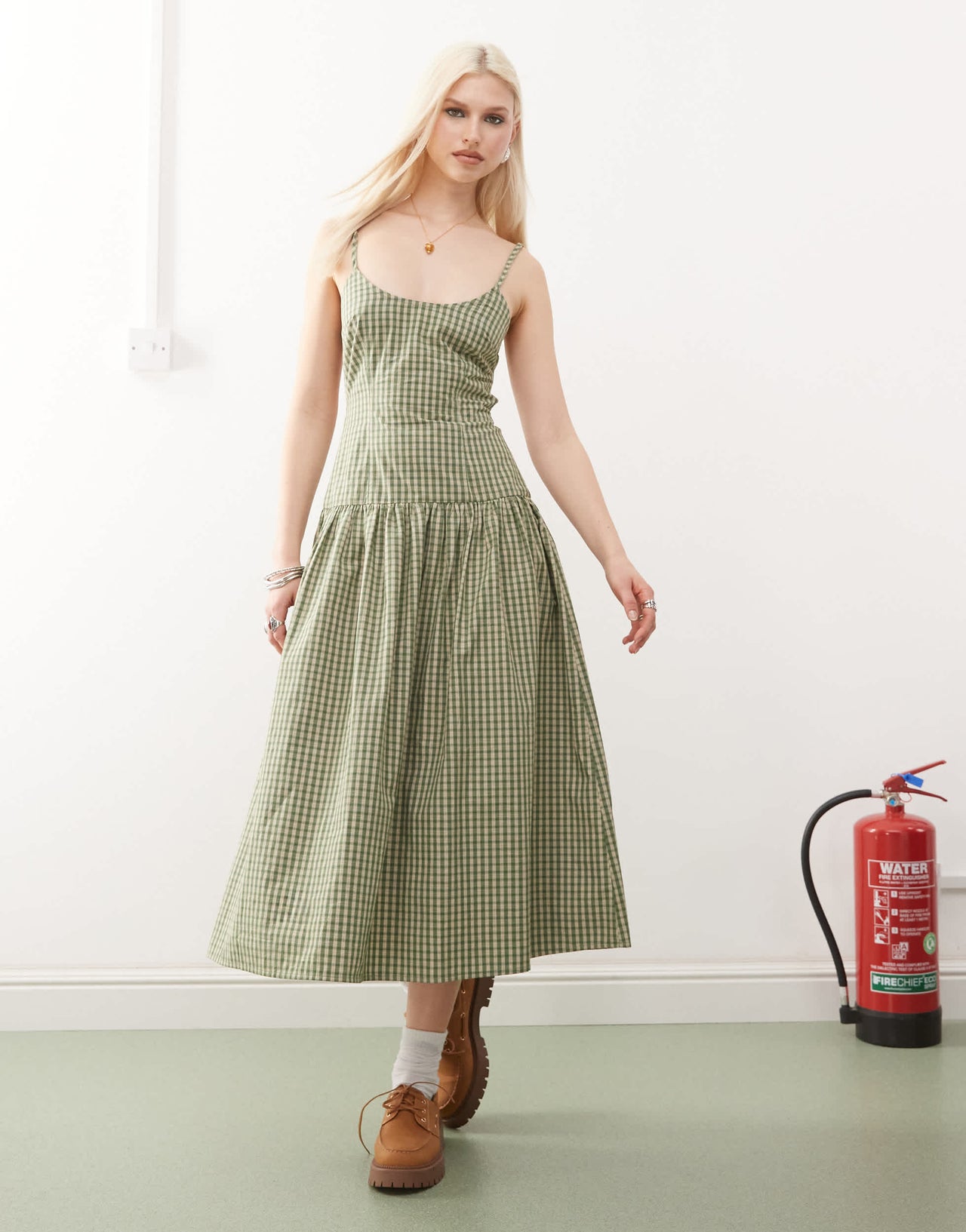 COLLUSION scoop neck drop waist maxi dress in green check
