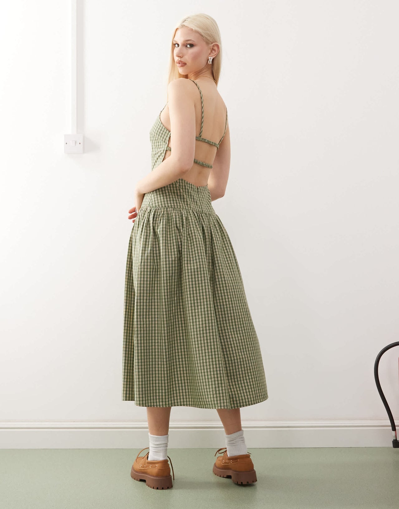 COLLUSION scoop neck drop waist maxi dress in green check