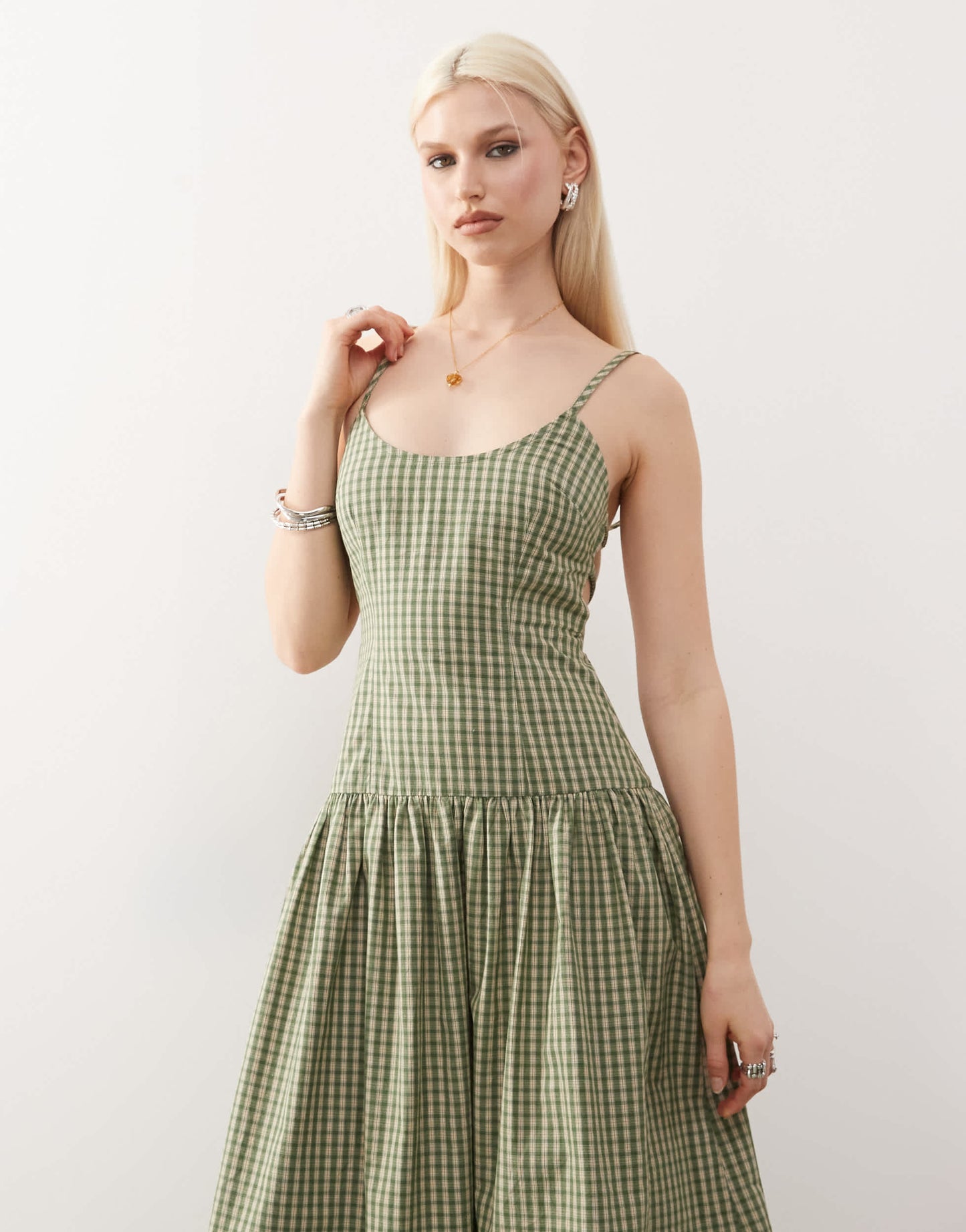 COLLUSION scoop neck drop waist maxi dress in green check