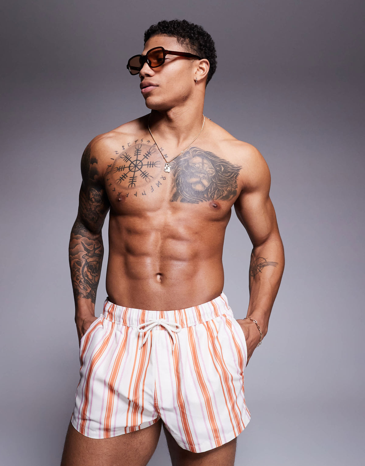 ASOS DESIGN swim short in super short length in white and orange stripe