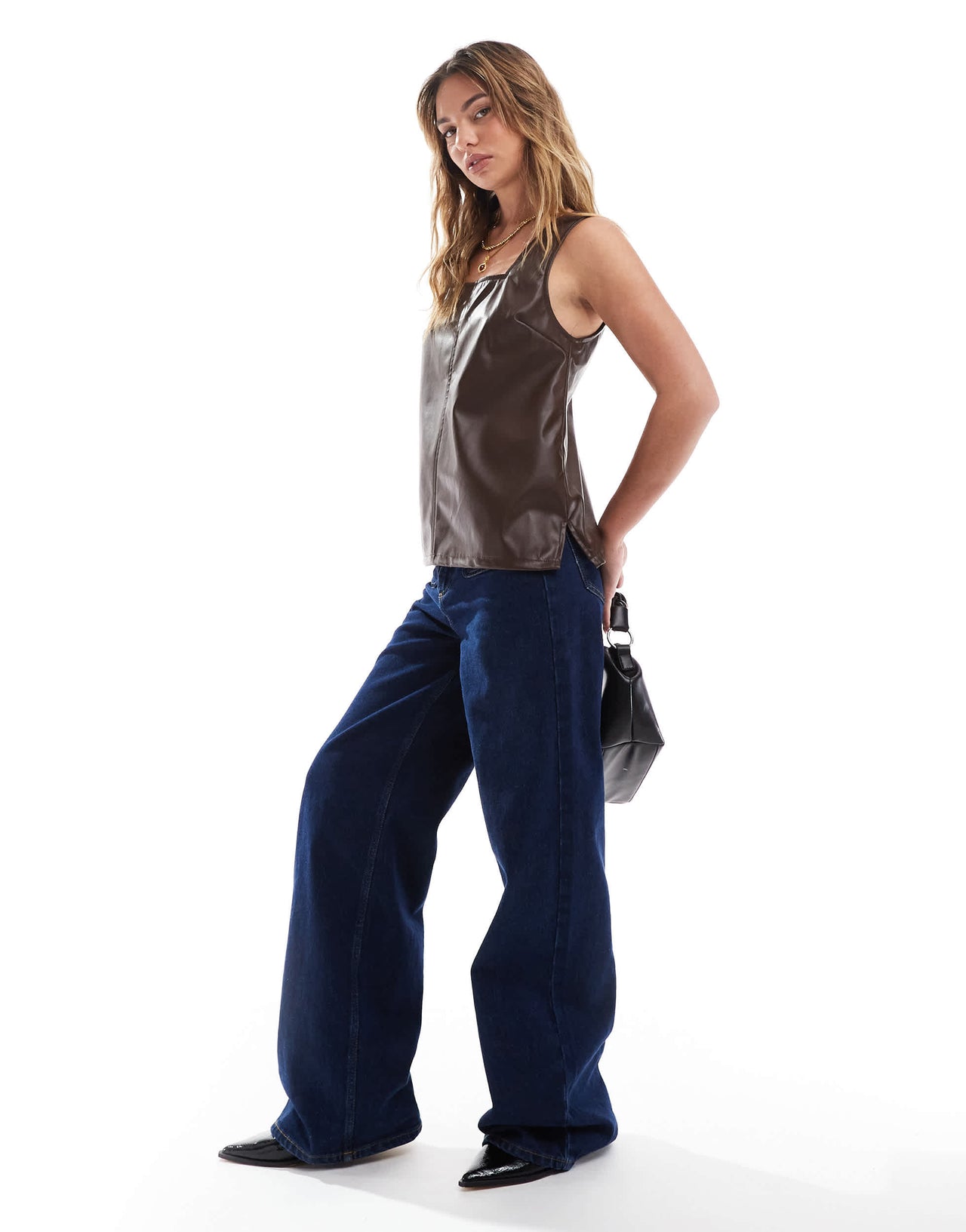 ASOS DESIGN faux leather tank top in brown