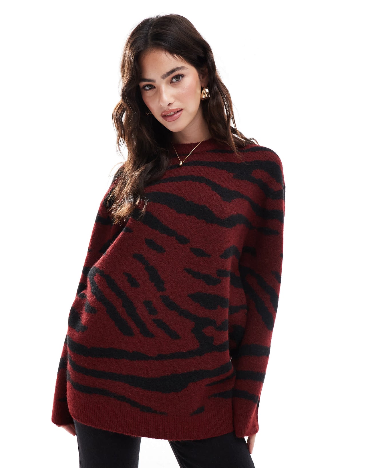ASOS DESIGN crew neck jumper in burgundy zebra print