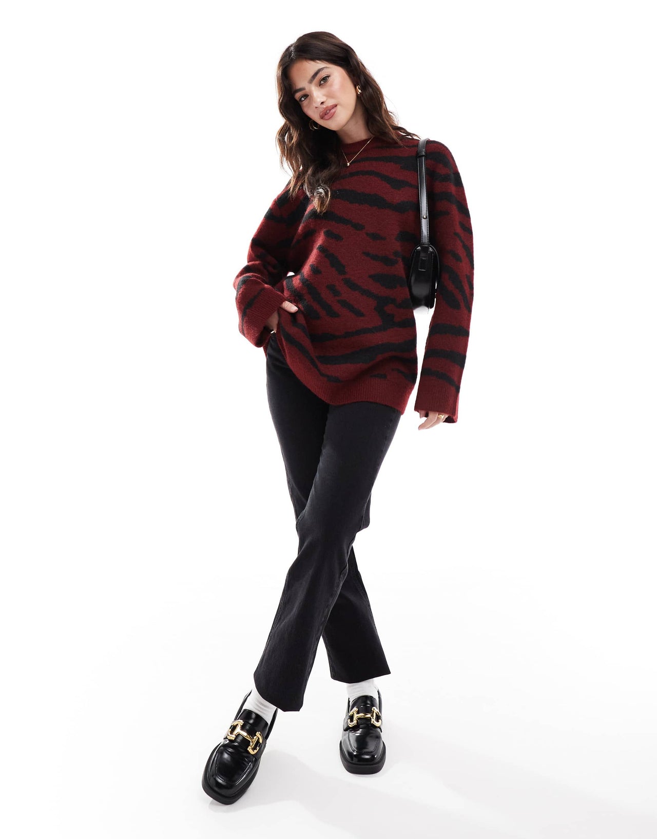 ASOS DESIGN crew neck jumper in burgundy zebra print