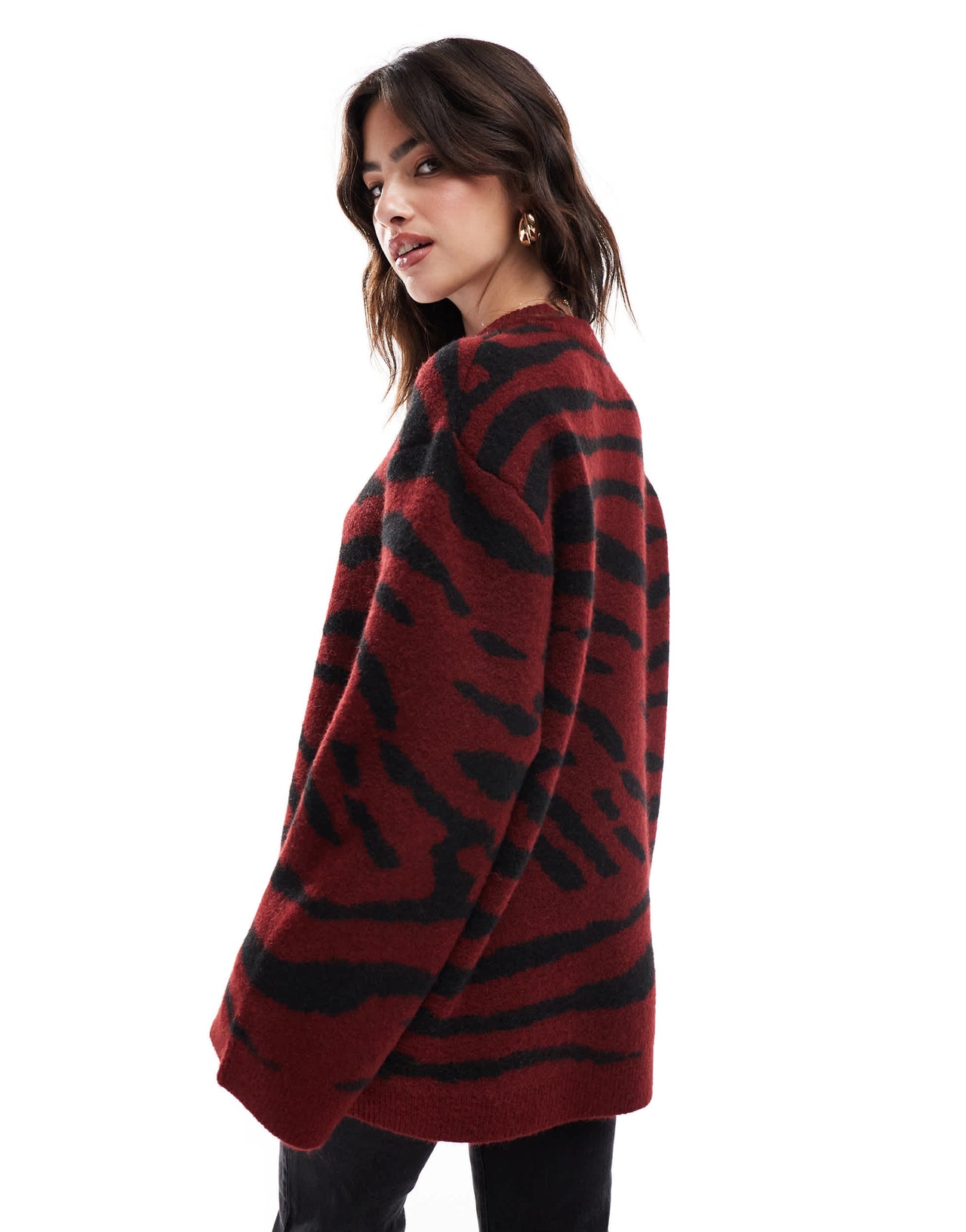 ASOS DESIGN crew neck jumper in burgundy zebra print