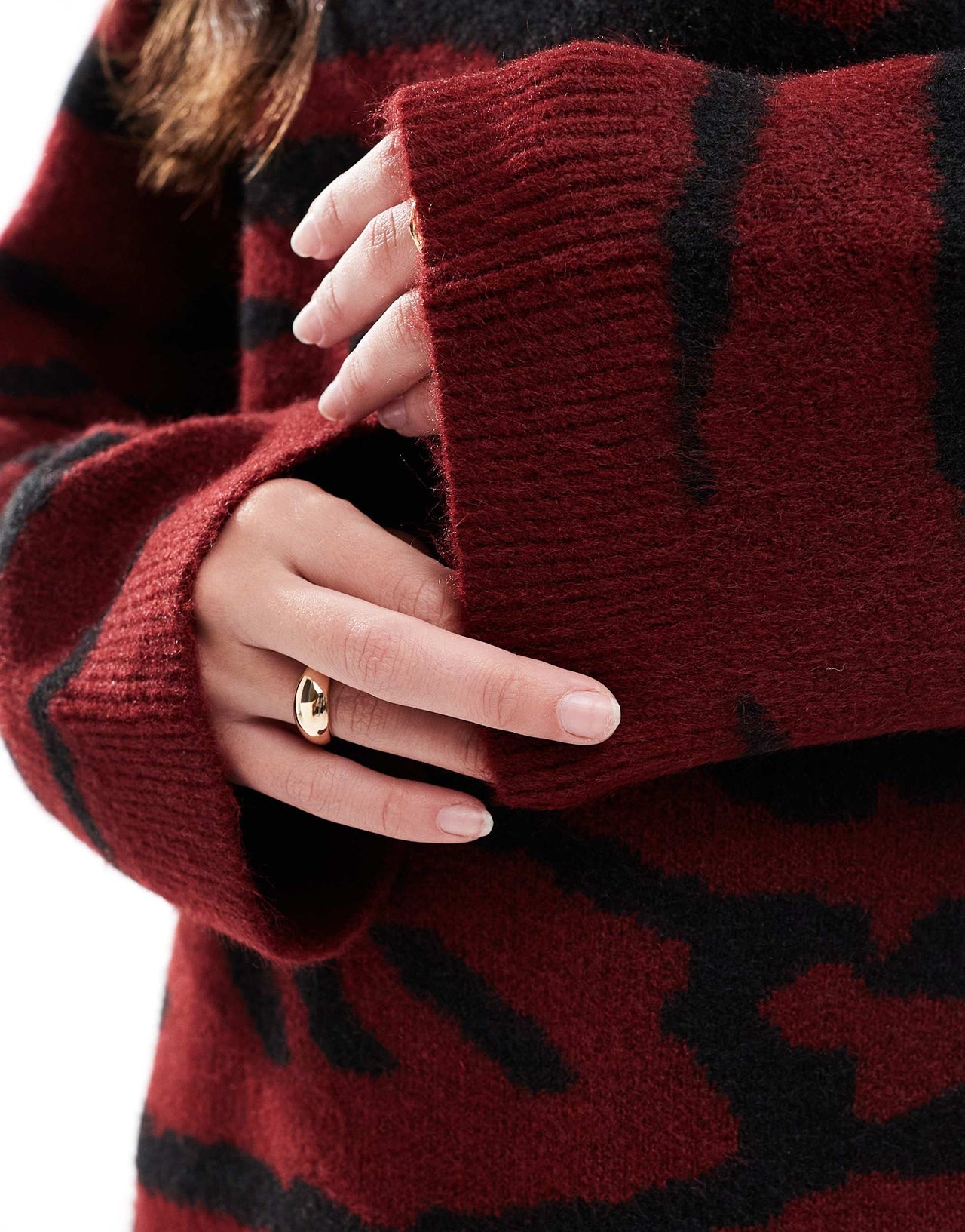 ASOS DESIGN crew neck jumper in burgundy zebra print