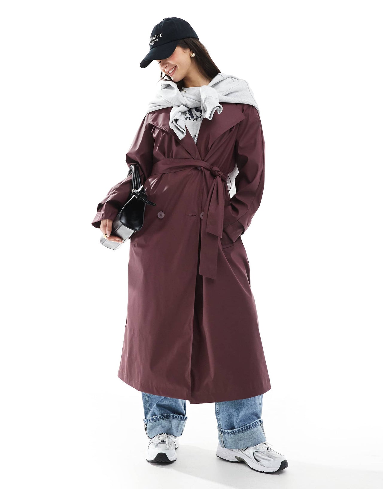 ASOS DESIGN rubberised rain hooded trench coat with belt detail in burgundy