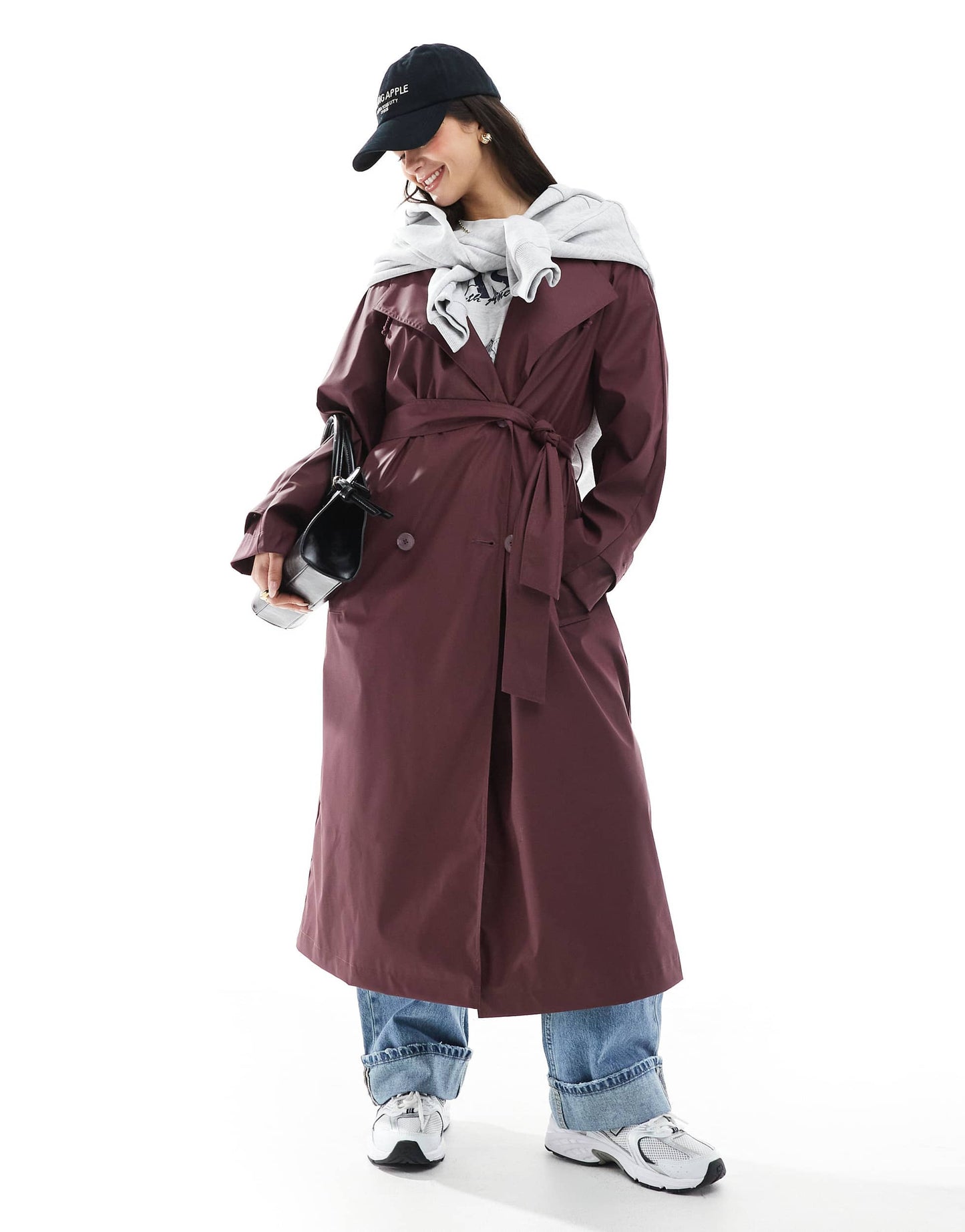 ASOS DESIGN rubberised rain hooded trench coat with belt detail in burgundy