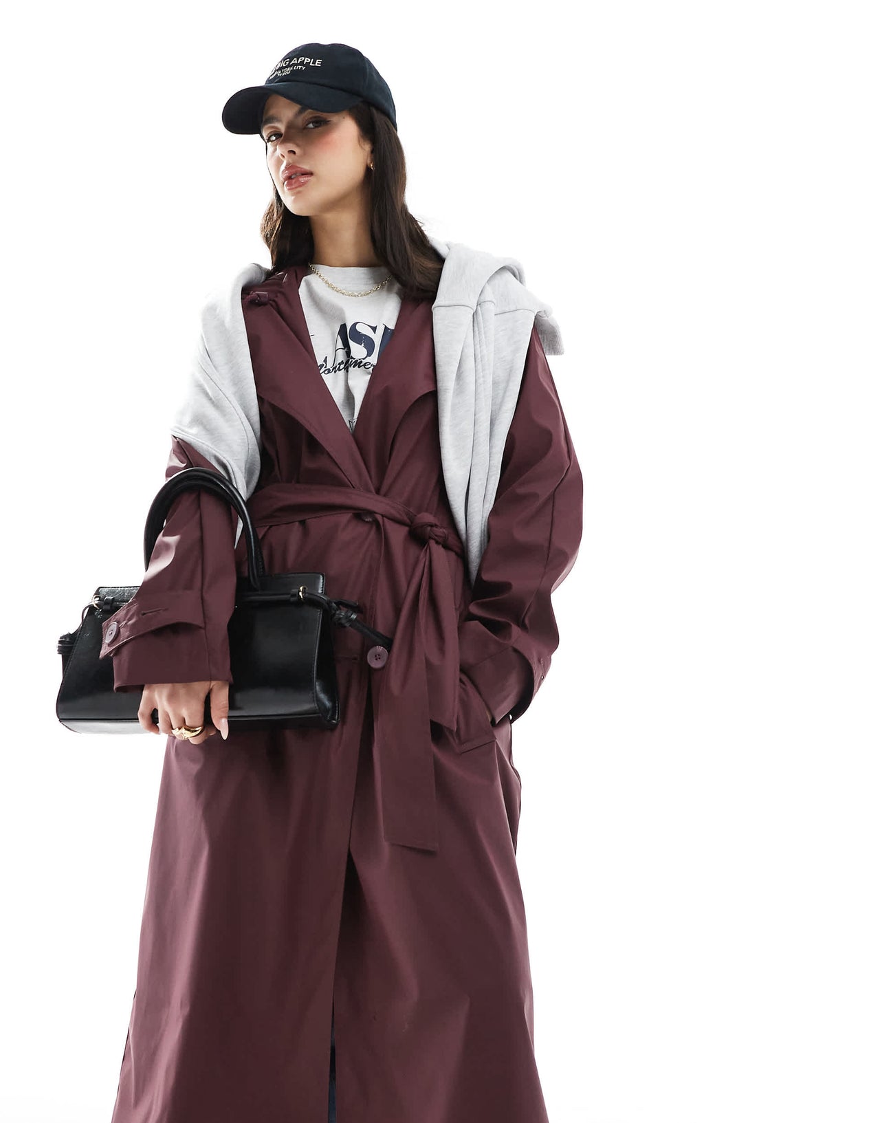 ASOS DESIGN rubberised rain hooded trench coat with belt detail in burgundy