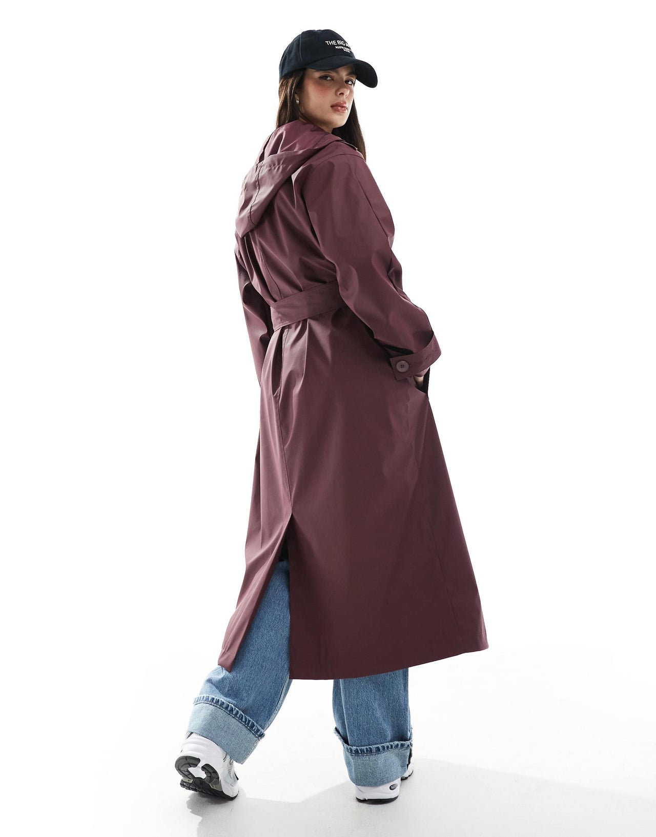 ASOS DESIGN rubberised rain hooded trench coat with belt detail in burgundy