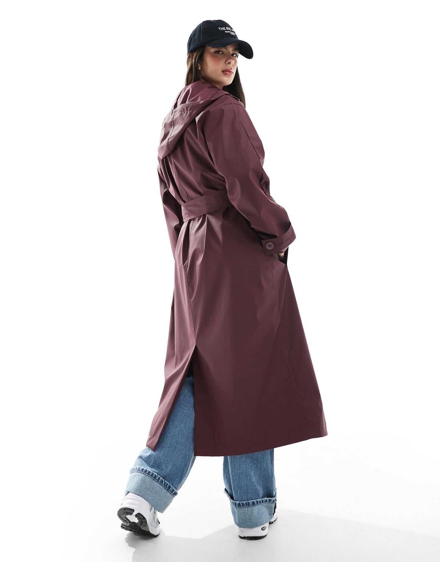 ASOS DESIGN rubberised rain hooded trench coat with belt detail in burgundy