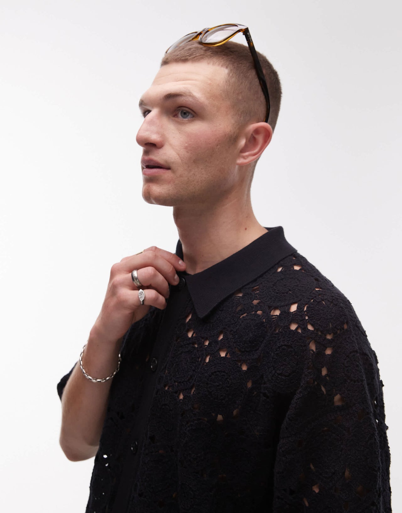 Topman relaxed floral crochet shirt in black
