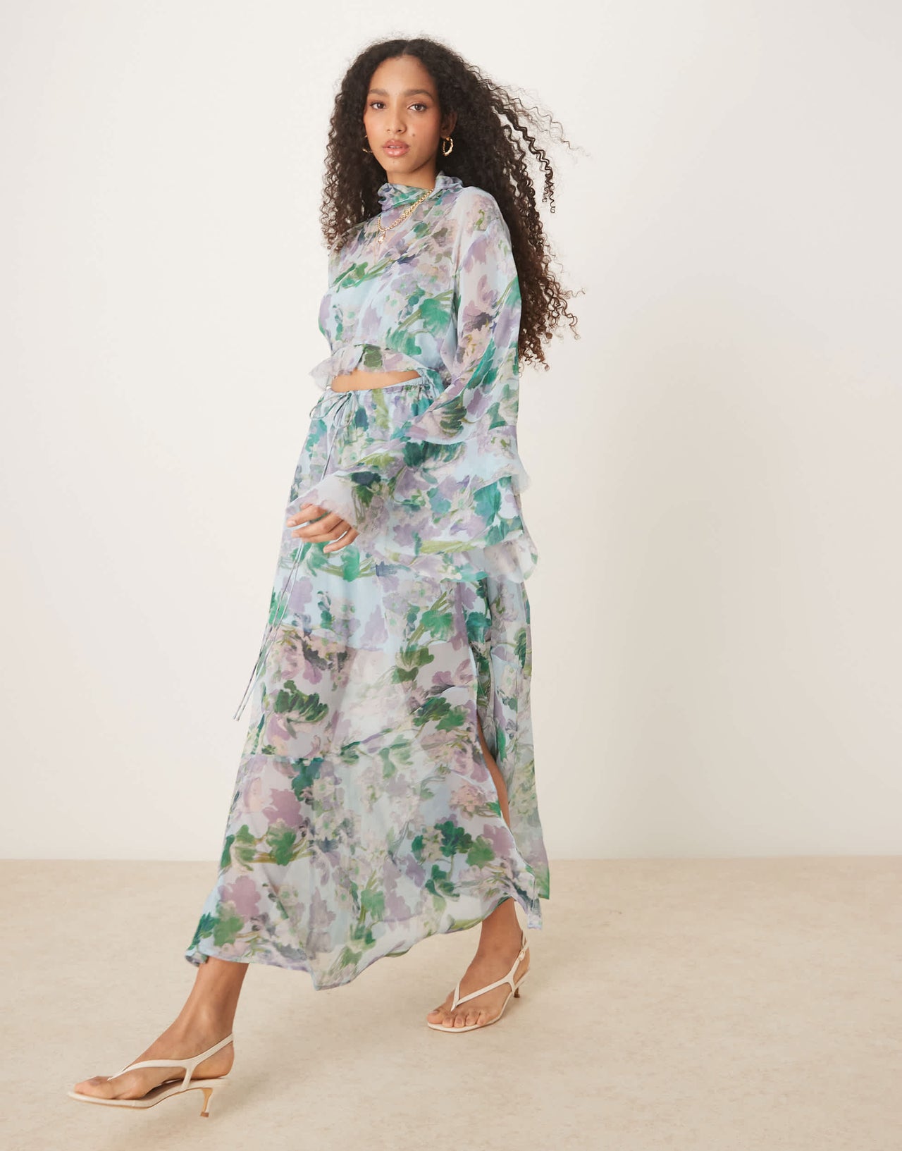 ASOS DESIGN high neck cut out maxi dress with frill sleeve in floral print
