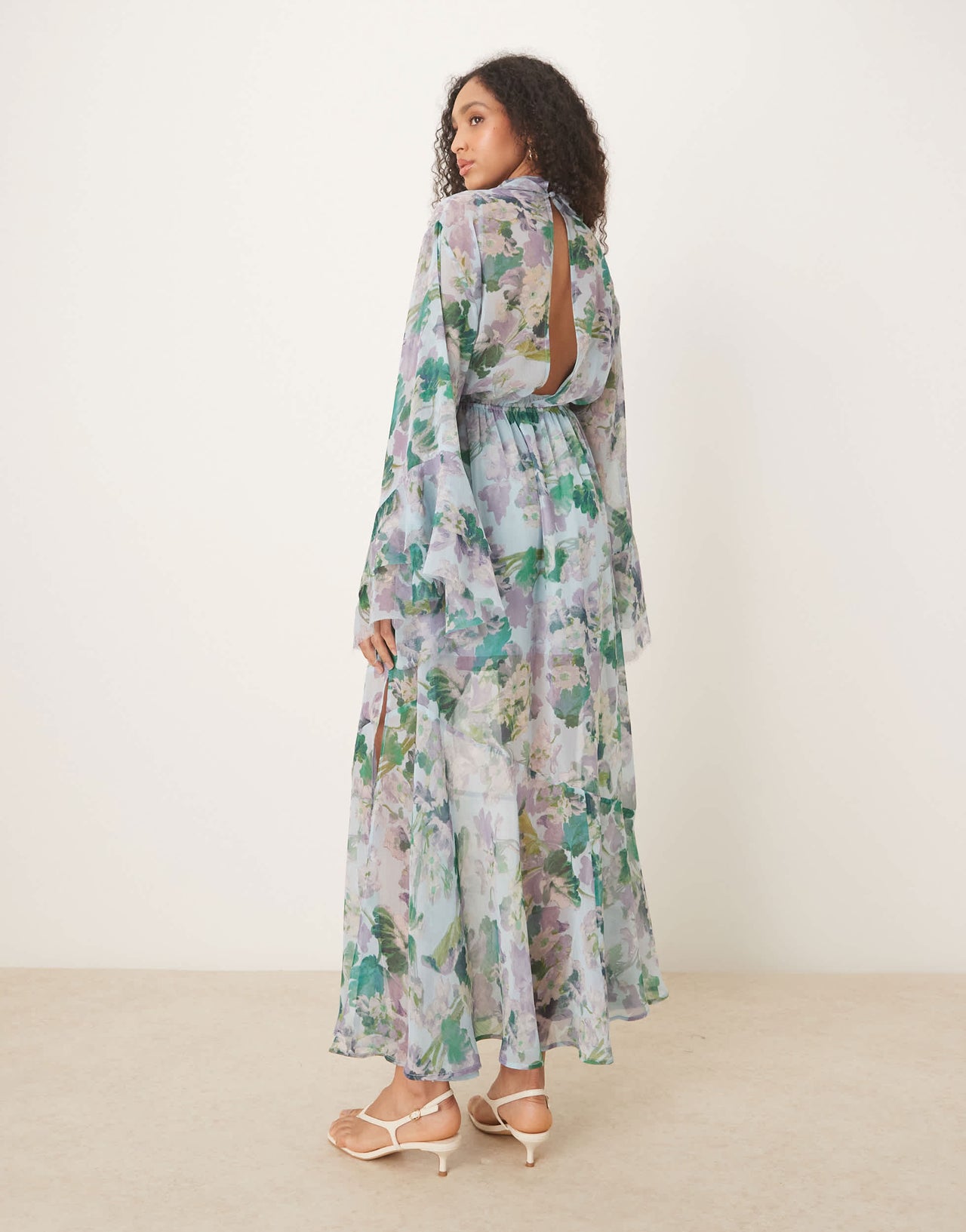 ASOS DESIGN high neck cut out maxi dress with frill sleeve in floral print