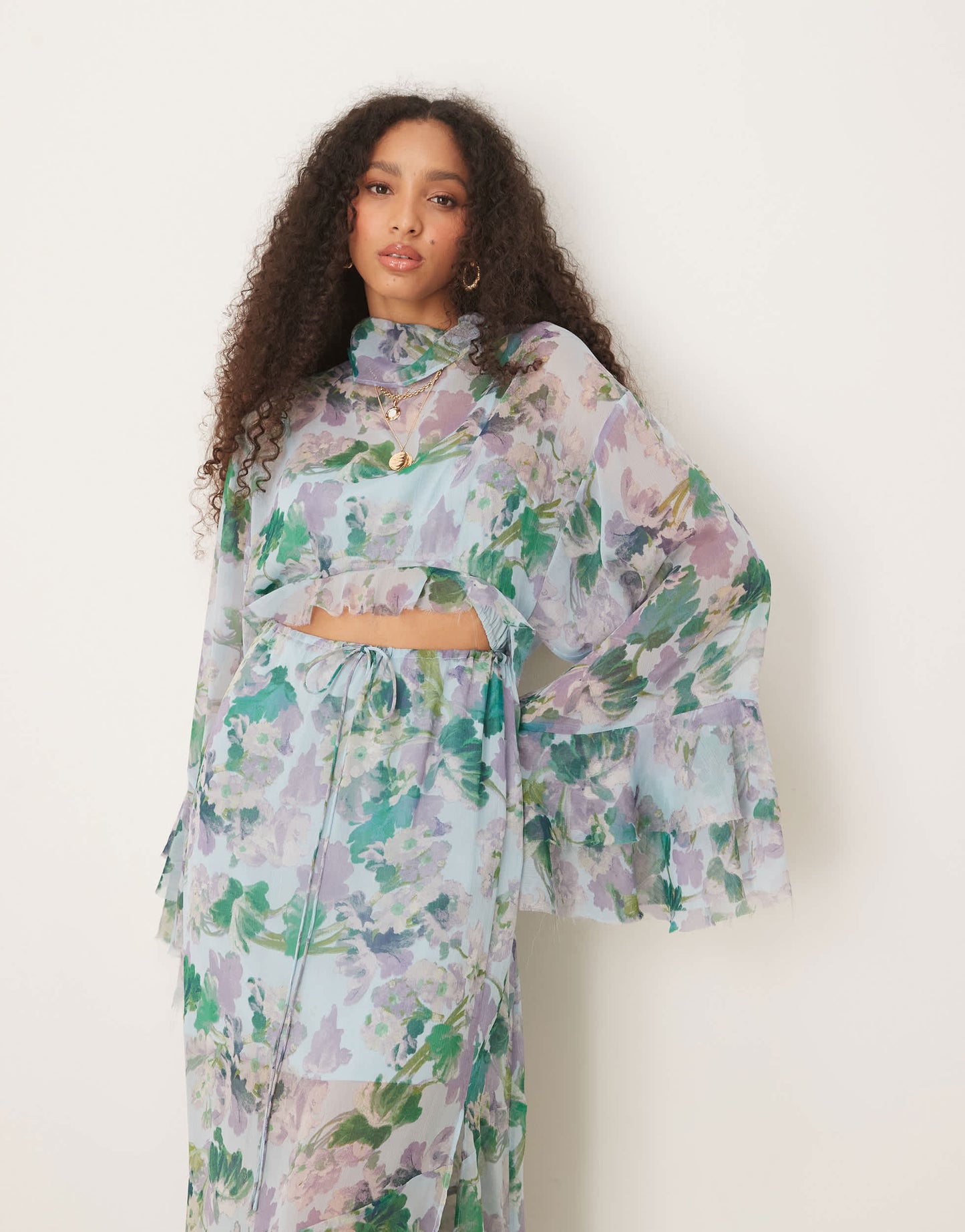 ASOS DESIGN high neck cut out maxi dress with frill sleeve in floral print