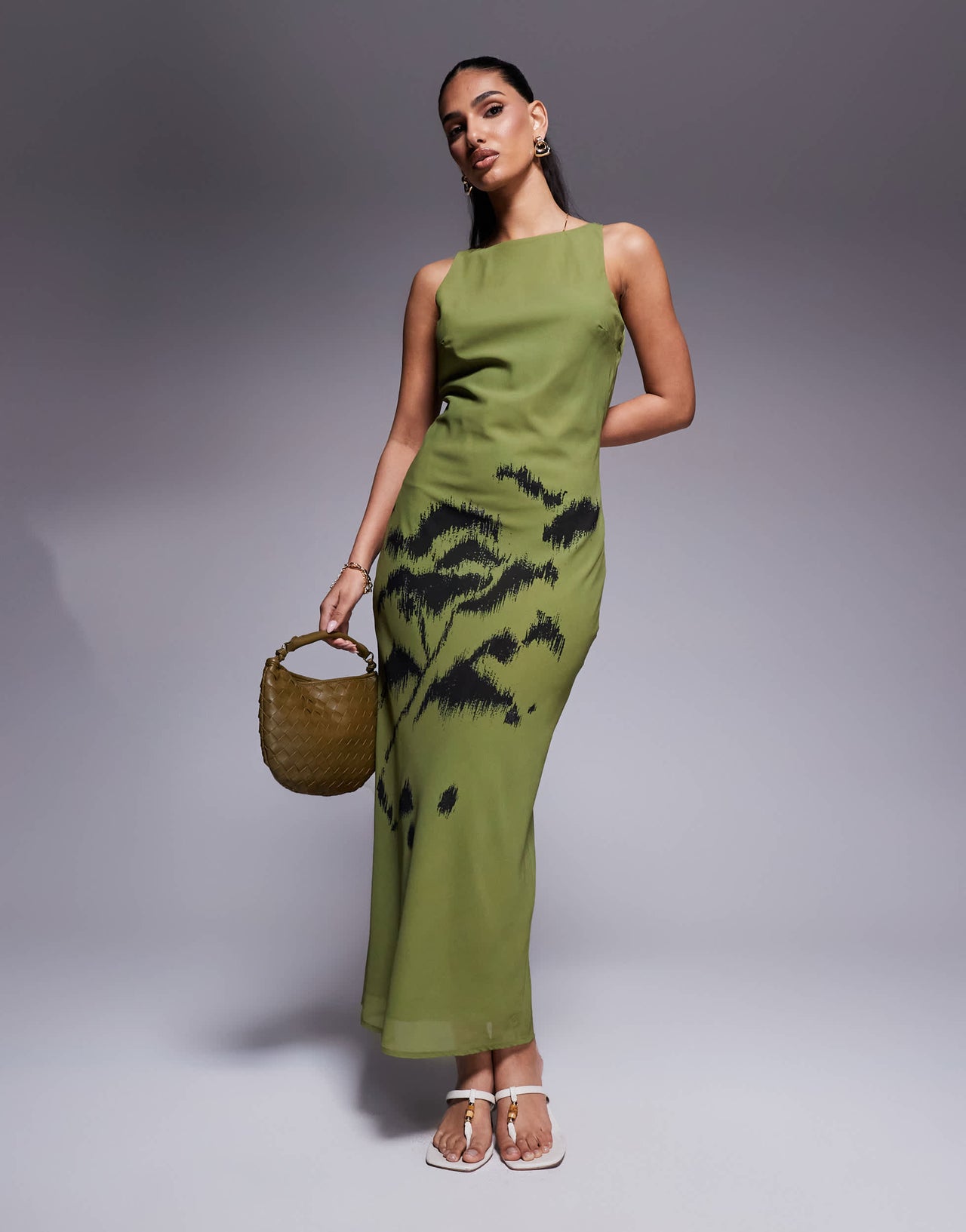 ASOS DESIGN chiffon slash neck maxi slip dress with sketchy placement floral print