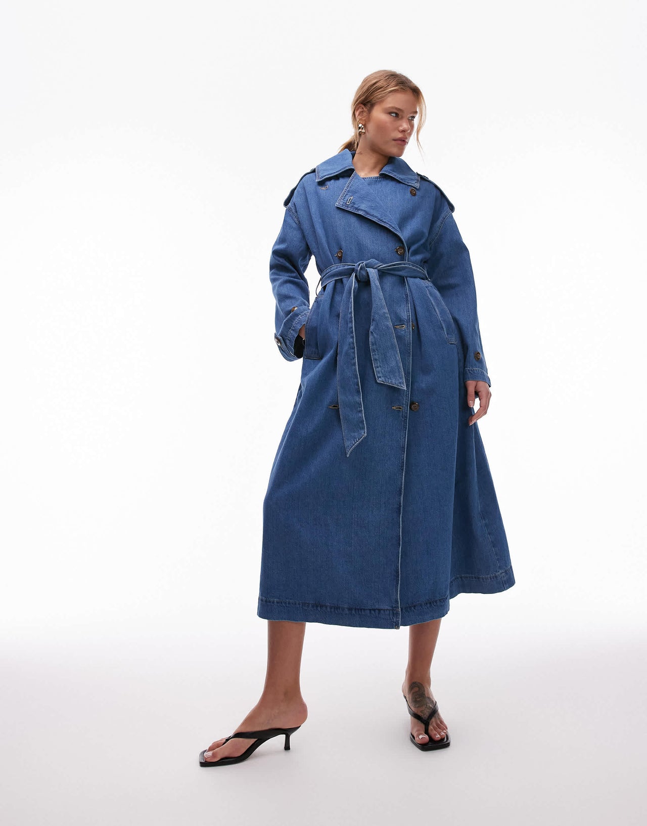 Topshop denim trench coat in mid blue