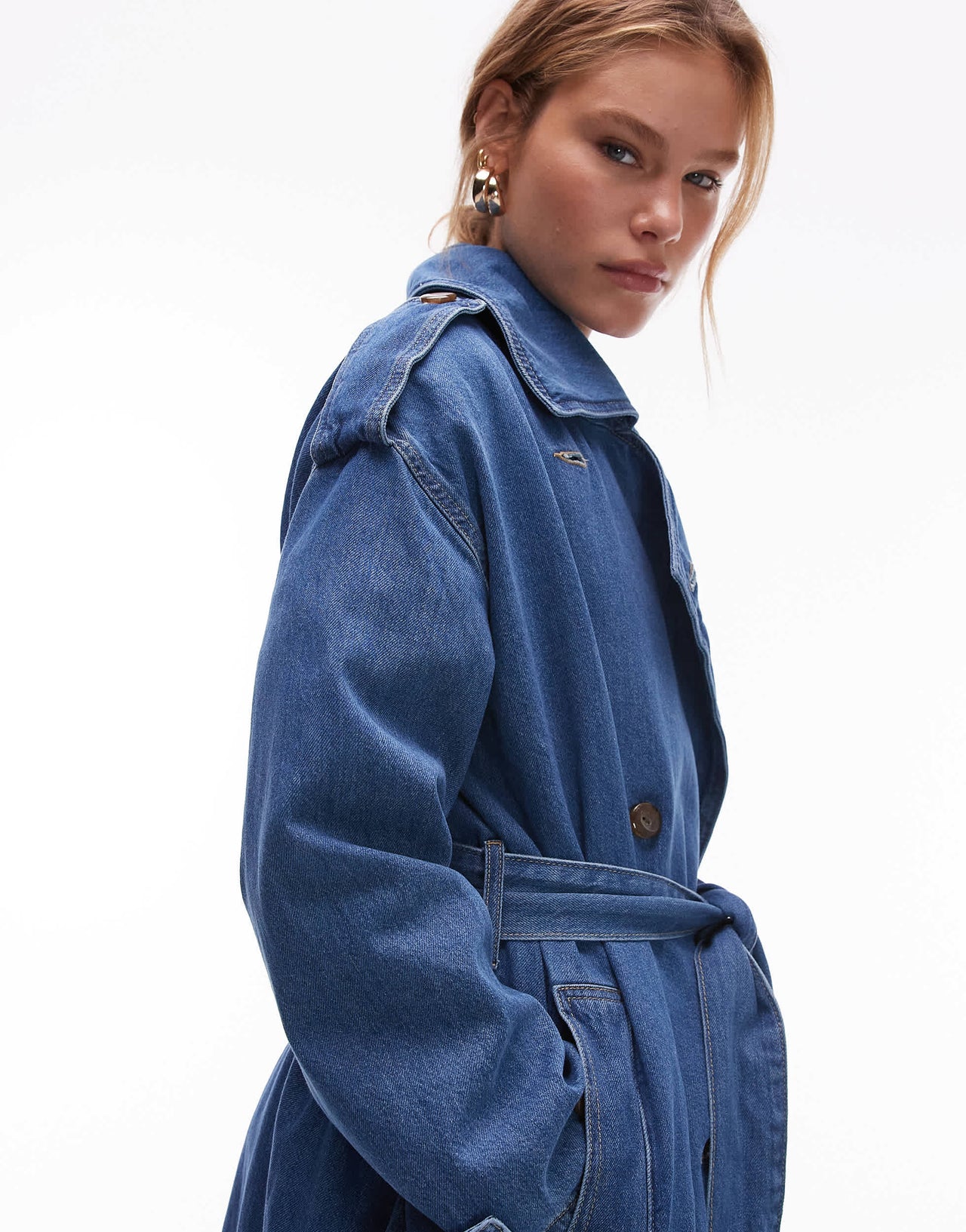 Topshop denim trench coat in mid blue