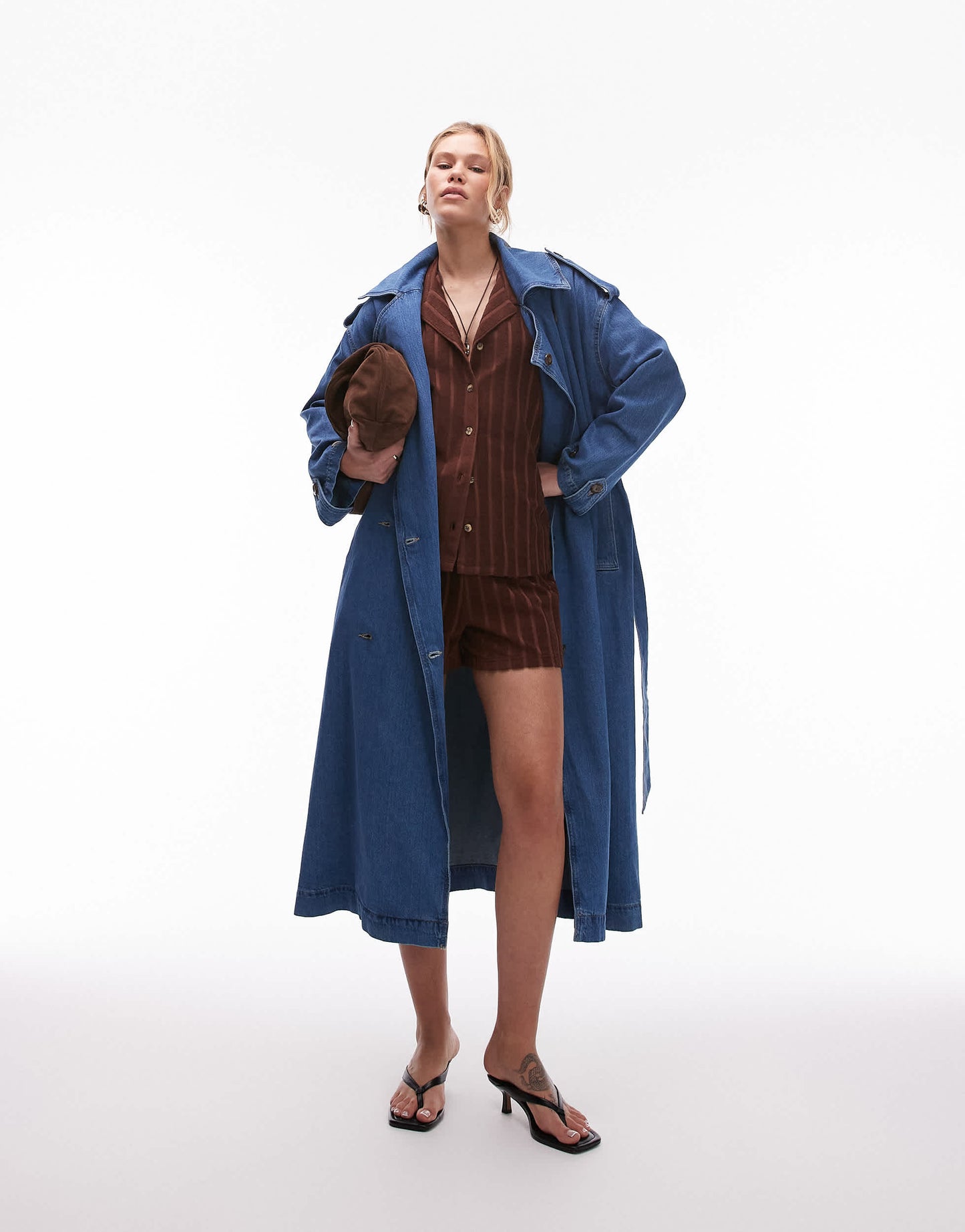Topshop denim trench coat in mid blue