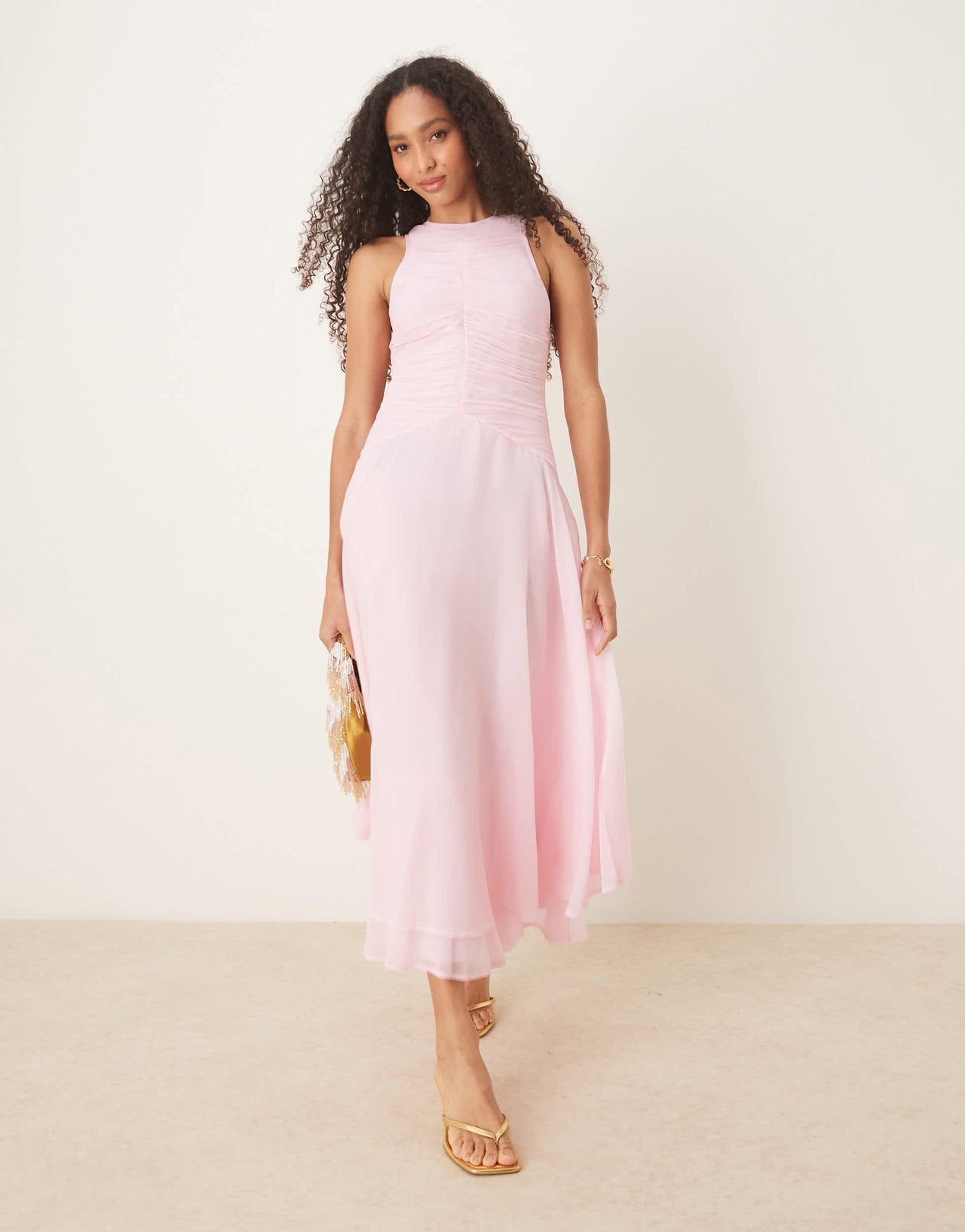 ASOS DESIGN racer neck ruched bodice dropped waist maxi dress in light pink