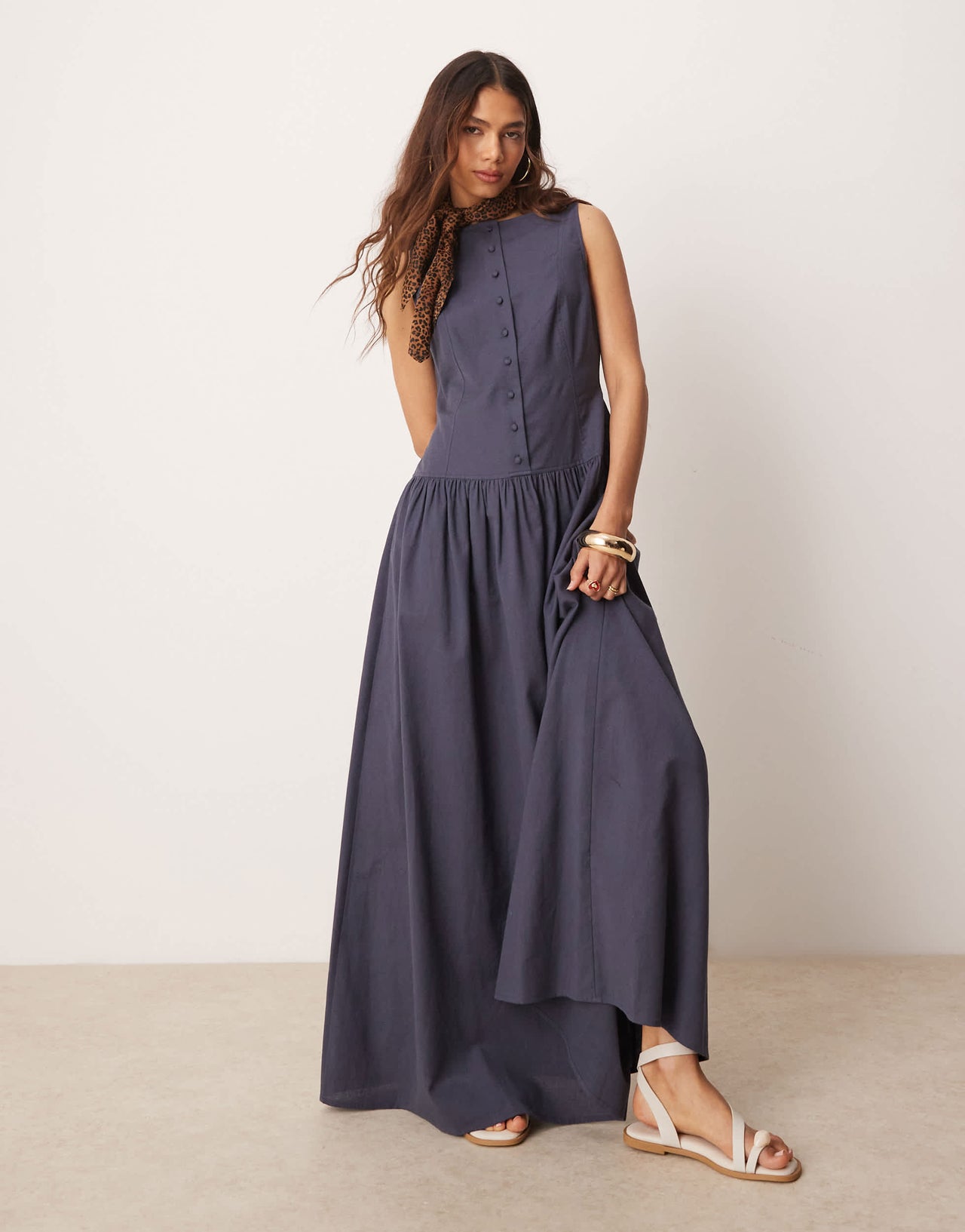 ASOS DESIGN slash neck button down dropped waist maxi sundress in deep navy