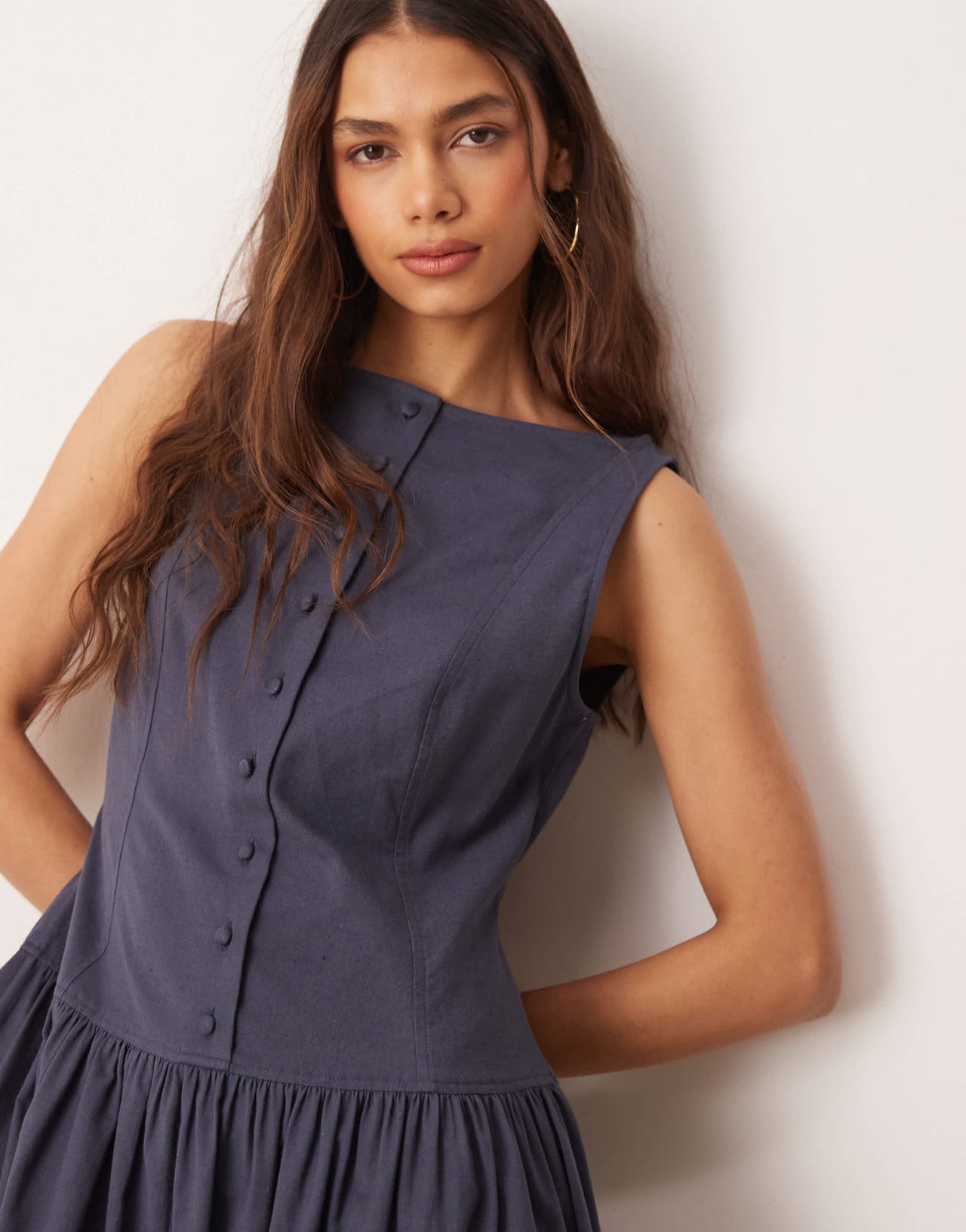 ASOS DESIGN slash neck button down dropped waist maxi sundress in deep navy