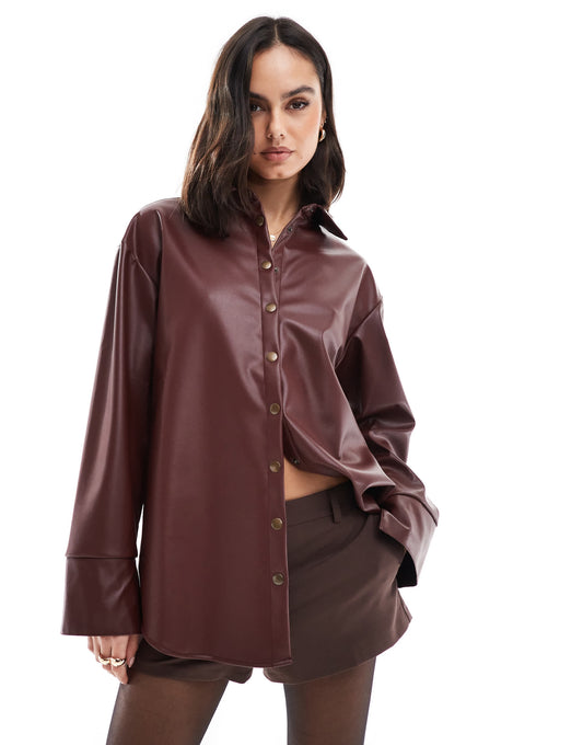 ASOS DESIGN faux leather oversized shirt in burgundy