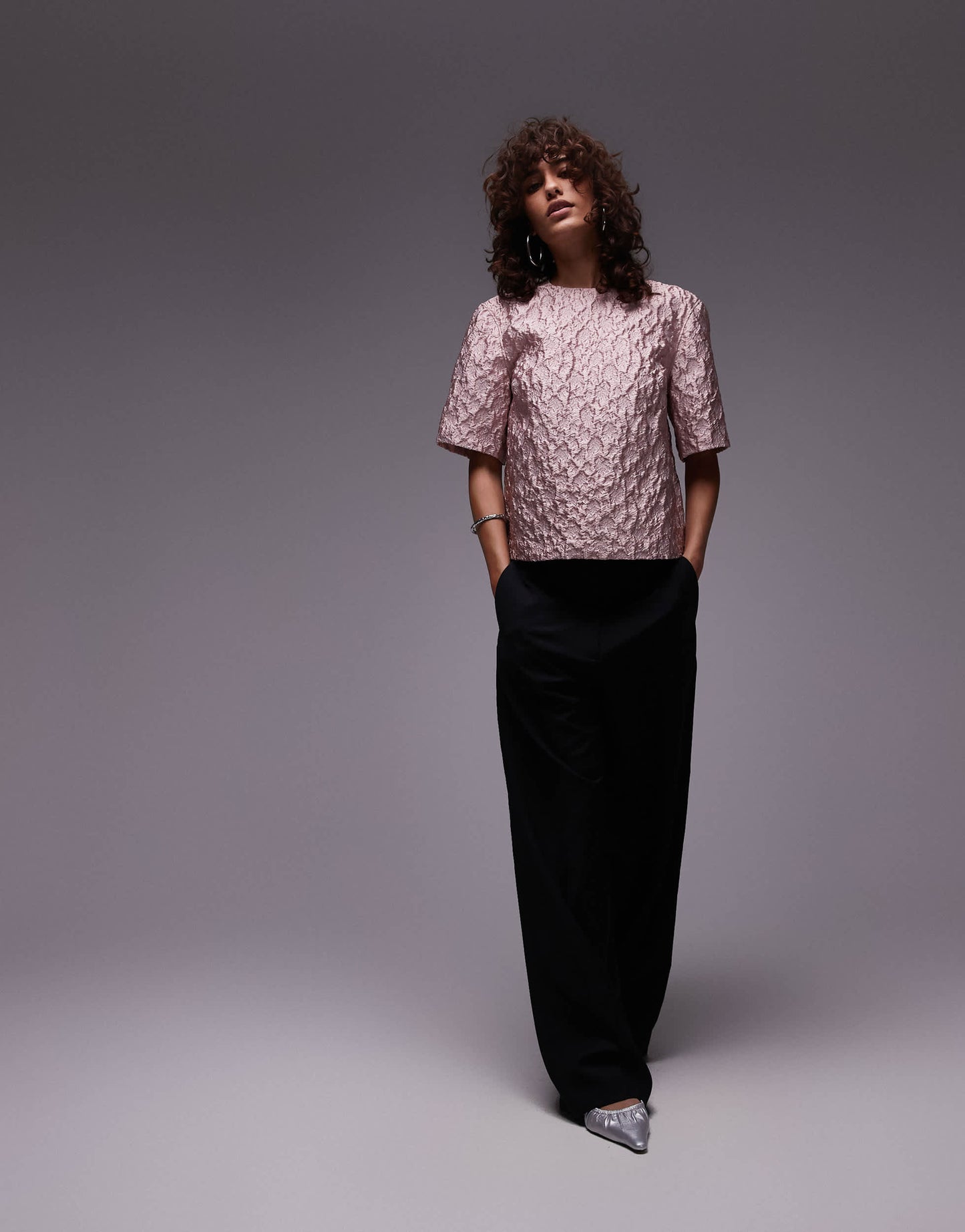 ARKET textured metallic jacquard oversized t-shirt top in pink