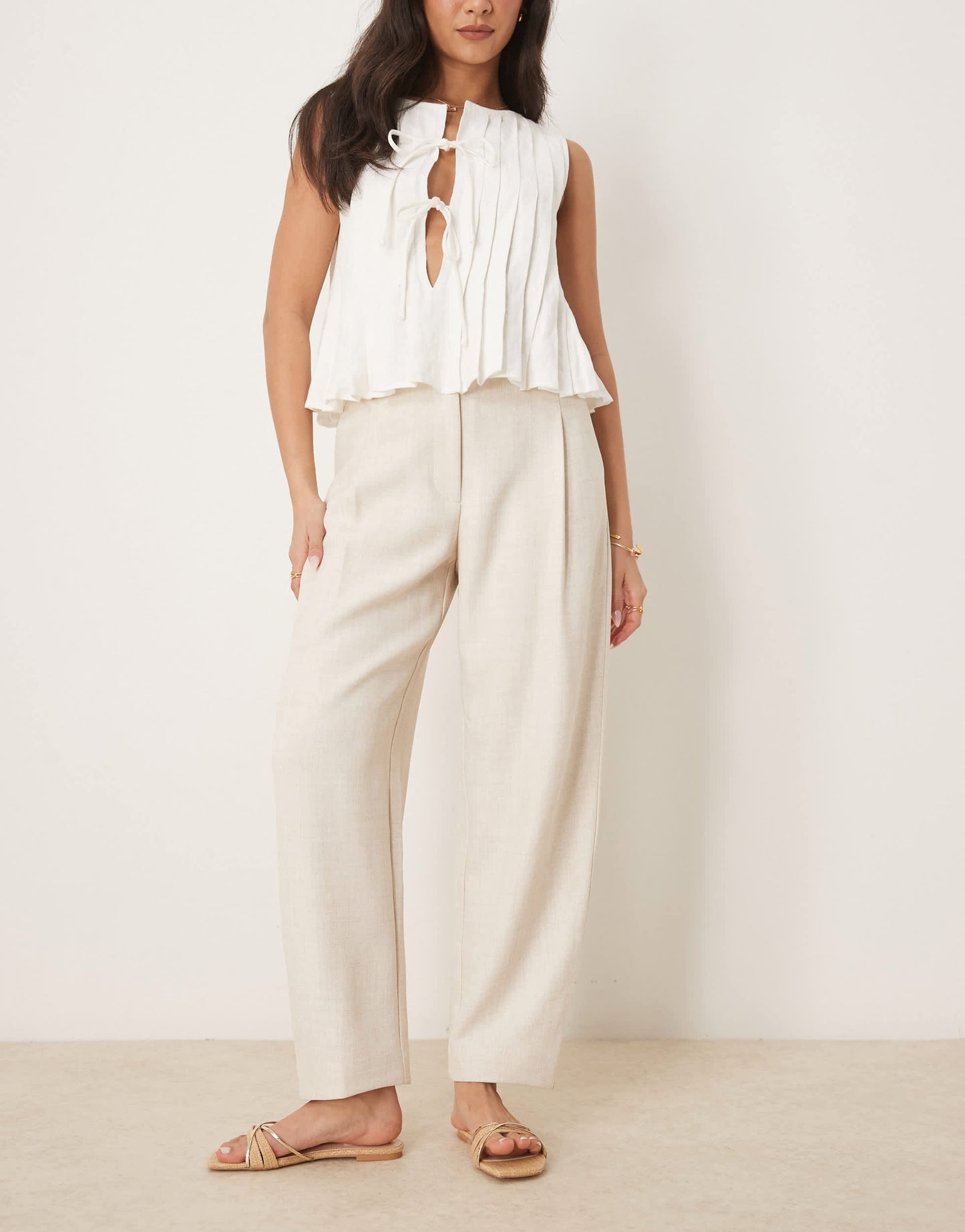 ASOS DESIGN tailored textured barrel trousers with tab detail in neutral