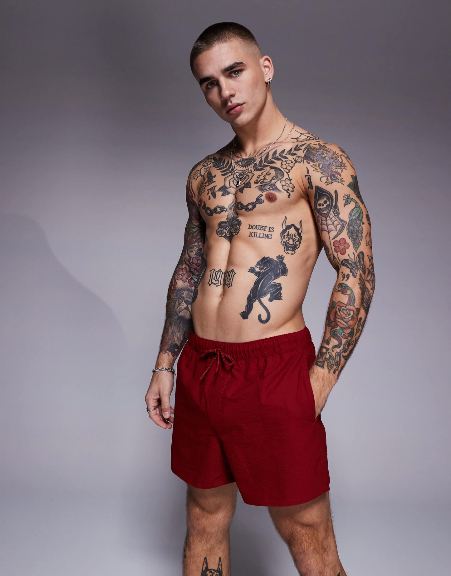 ASOS DESIGN seersucker swim shorts in short length in burgundy
