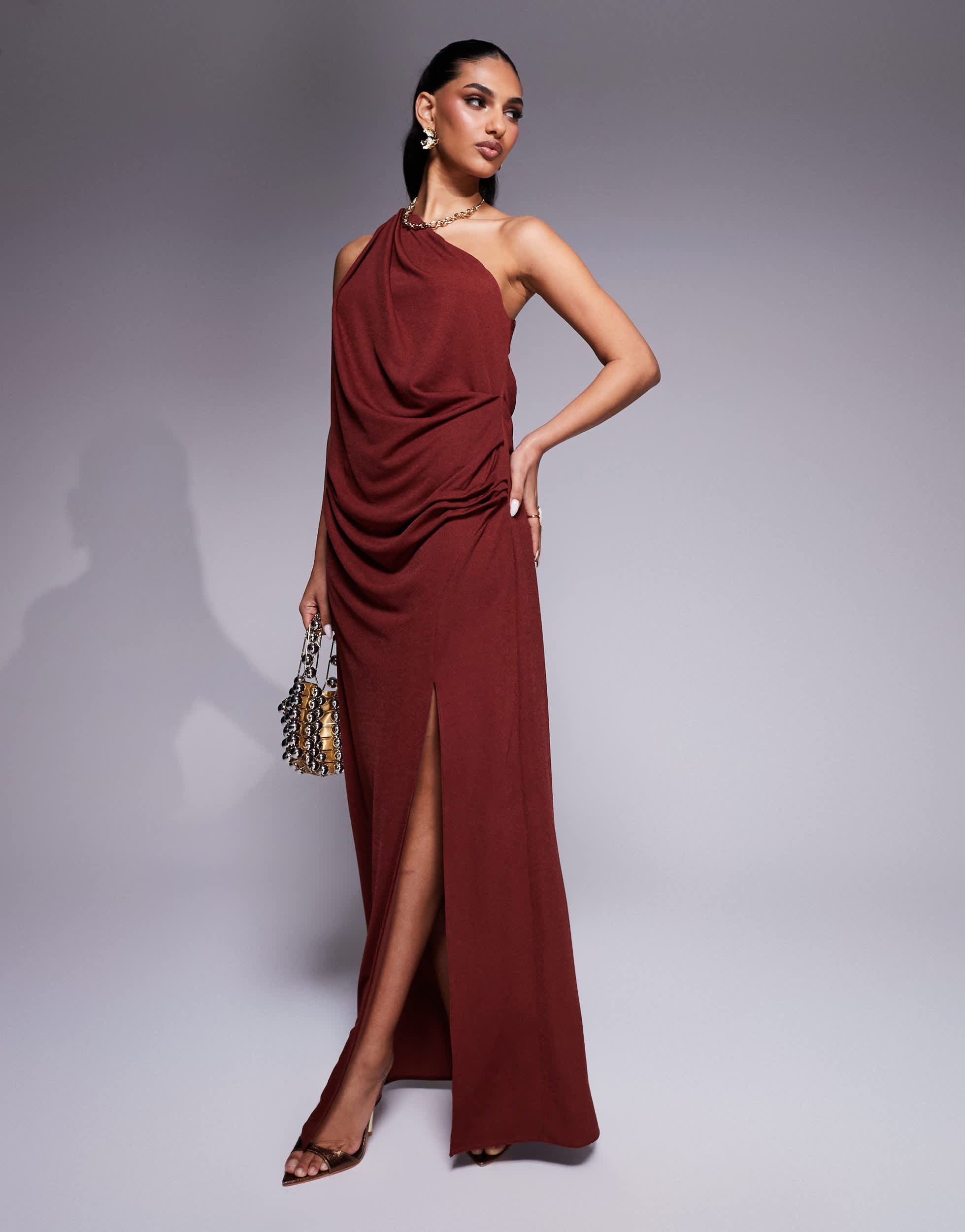 ASOS DESIGN slinky one shoulder drape maxi dress in rust