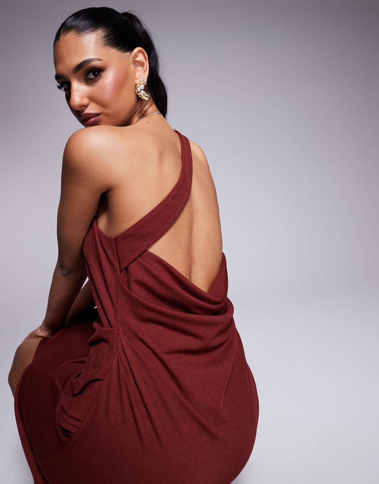ASOS DESIGN slinky one shoulder drape maxi dress in rust