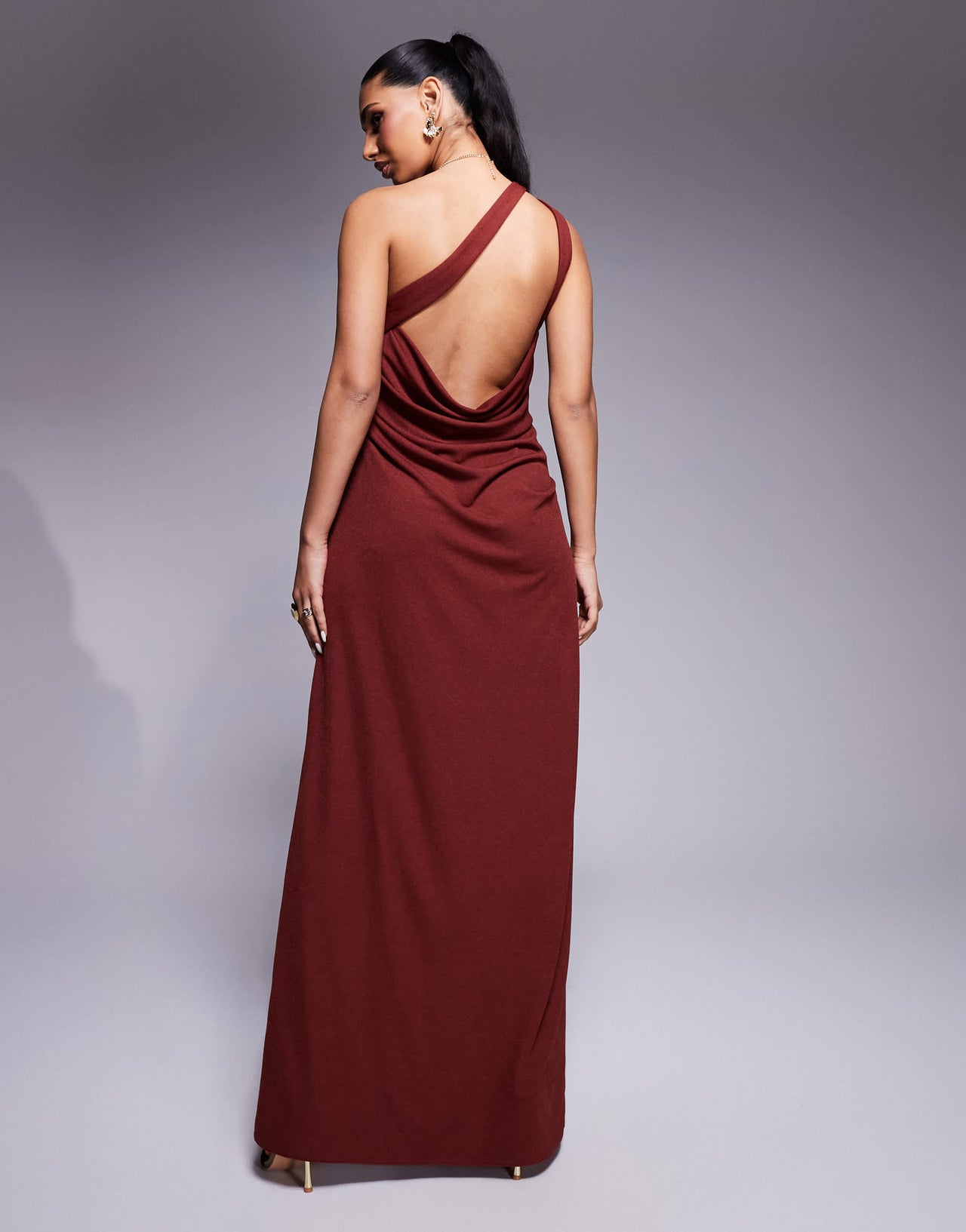 ASOS DESIGN slinky one shoulder drape maxi dress in rust