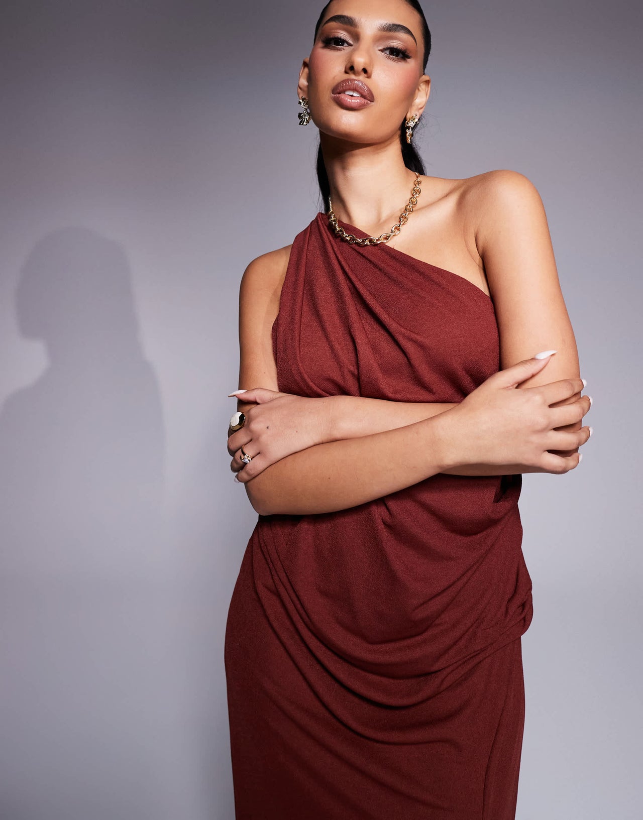 ASOS DESIGN slinky one shoulder drape maxi dress in rust