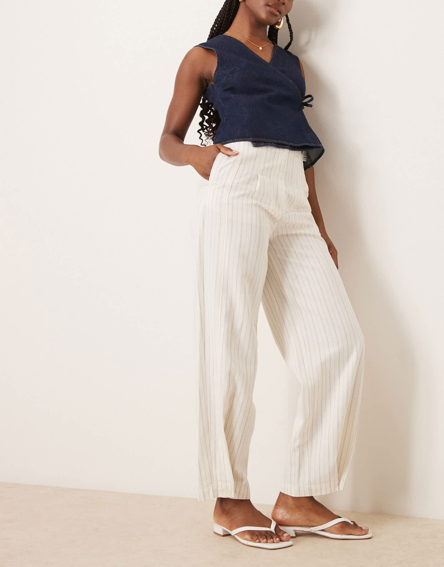 ASOS DESIGN tailored linen trousers with multi way tab hem in ecru stripe