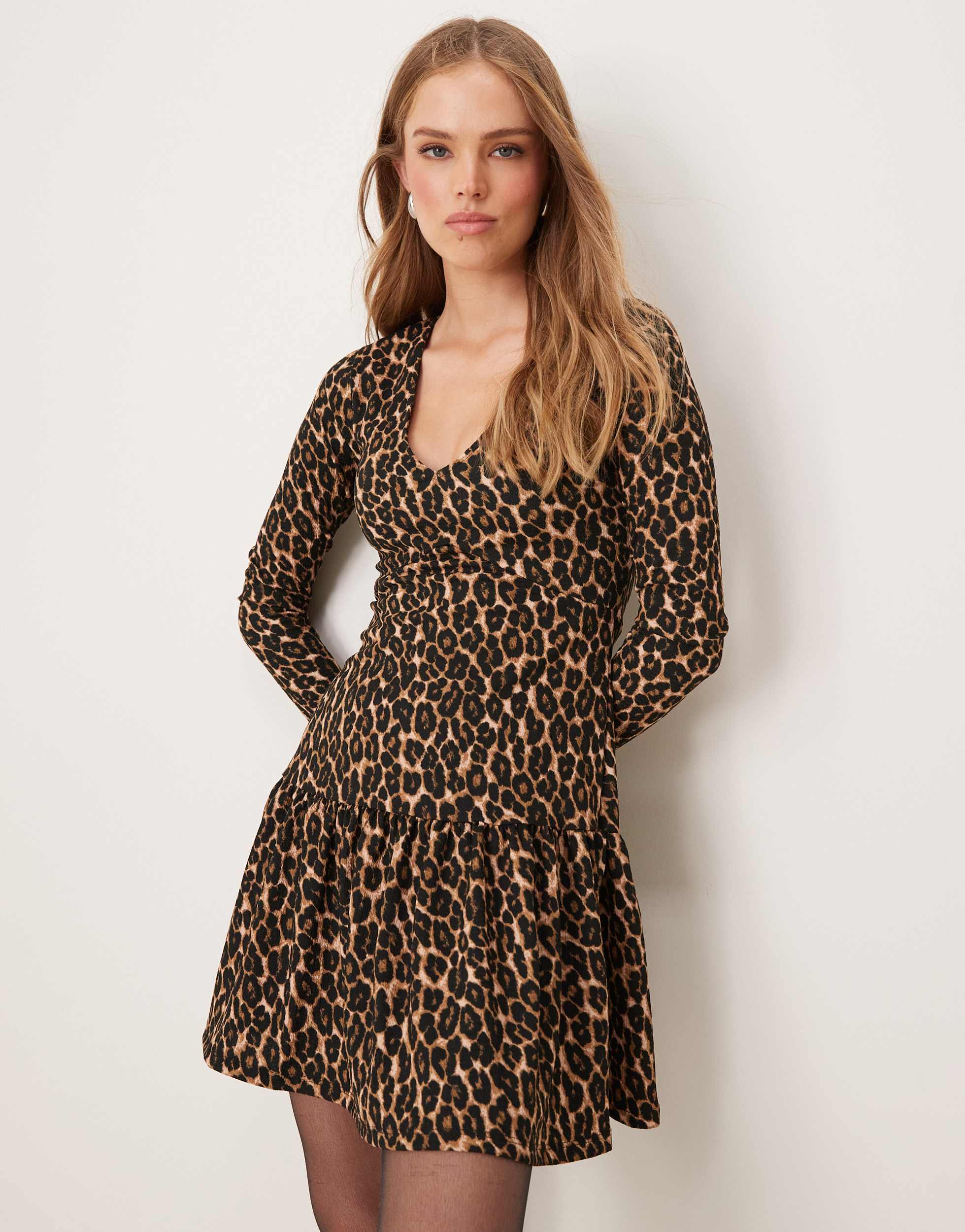 New Look crinkle mini dress in leopard print
