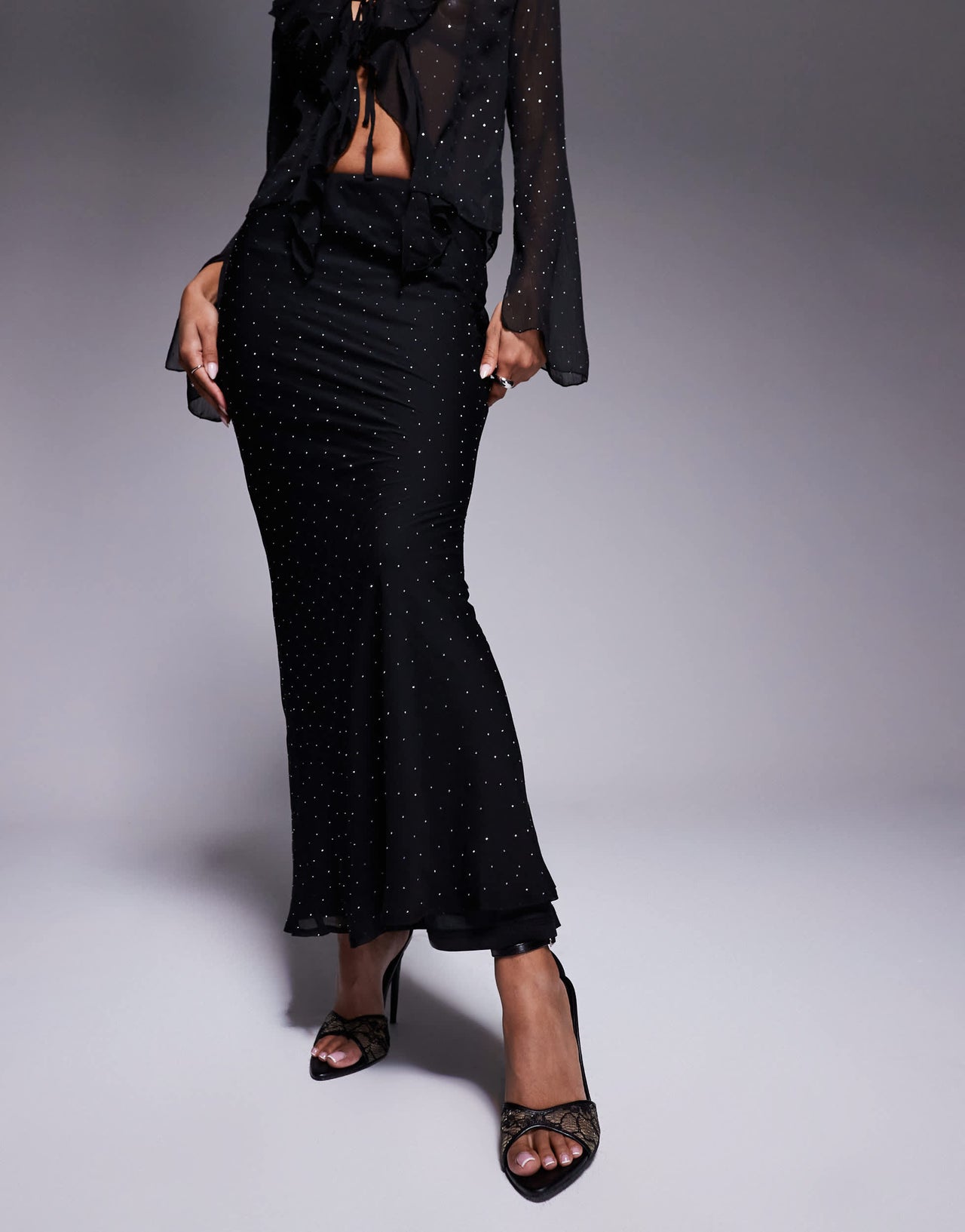 New Look co-ord embellished chiffon maxi skirt in black