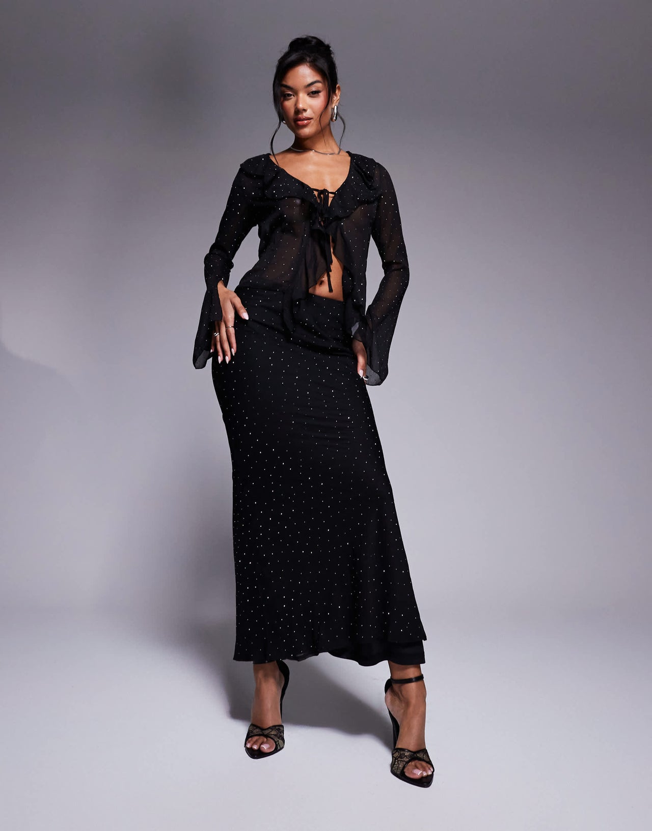 New Look co-ord embellished chiffon maxi skirt in black