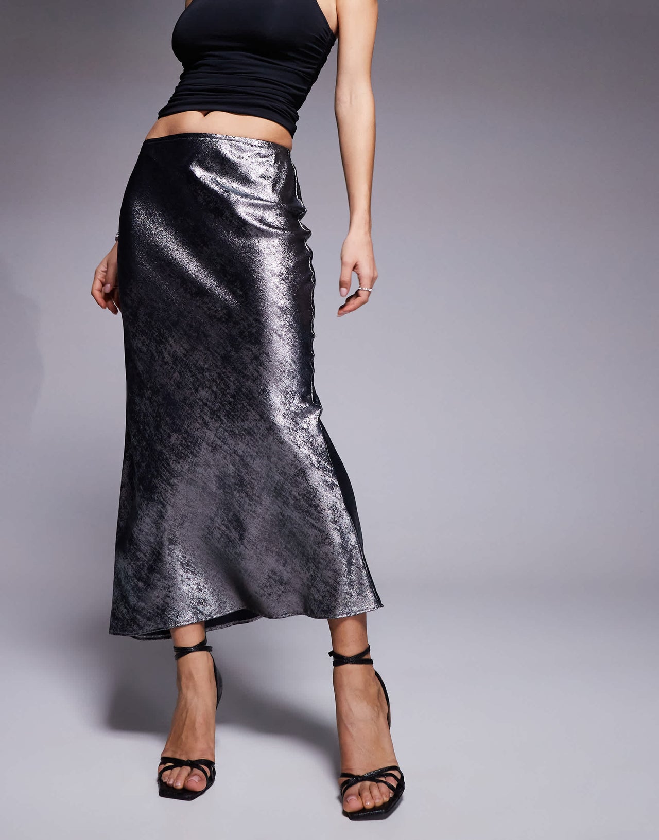 New Look foil satin midi skirt in silver