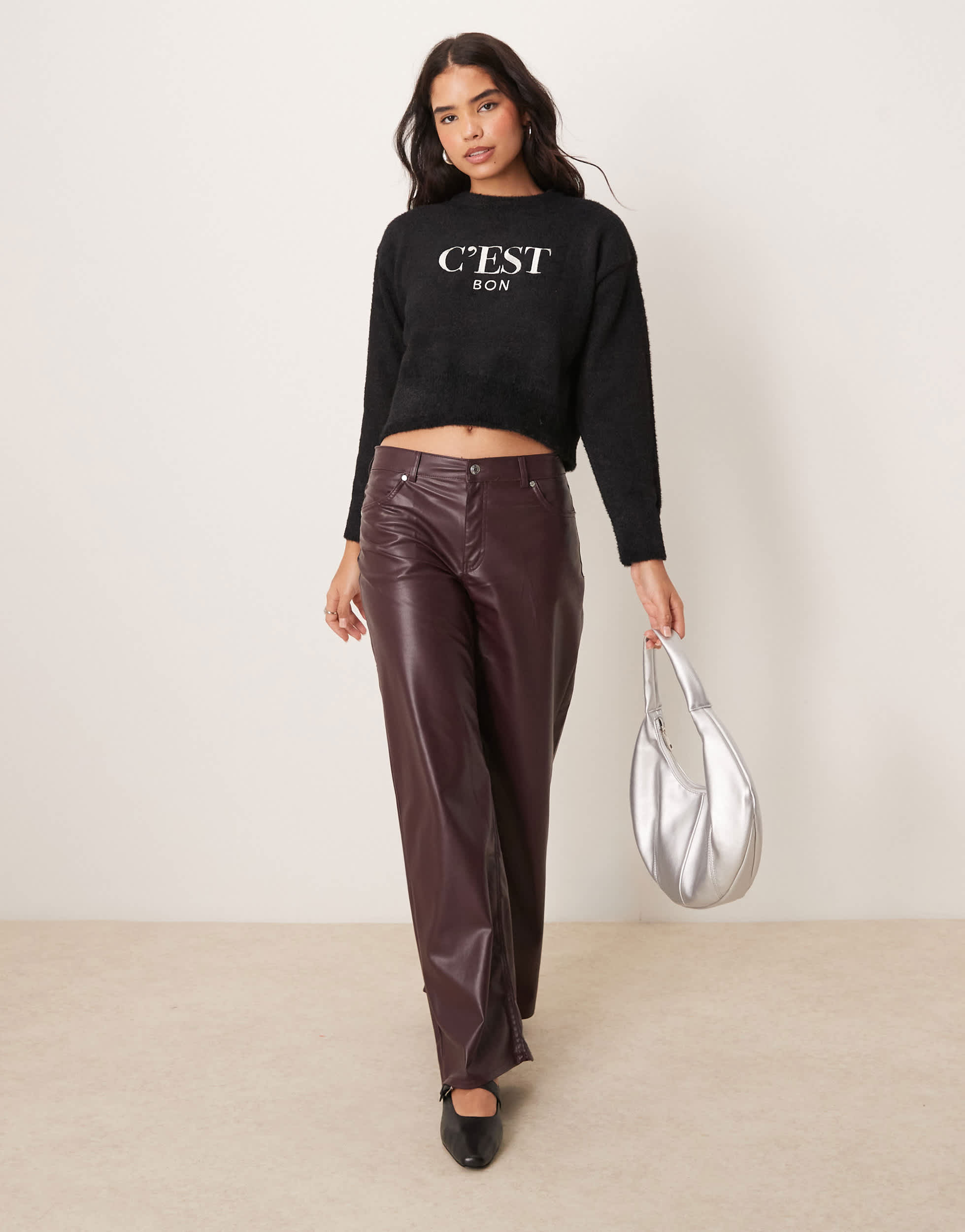 New Look C'est Bon logo fluffy jumper in black