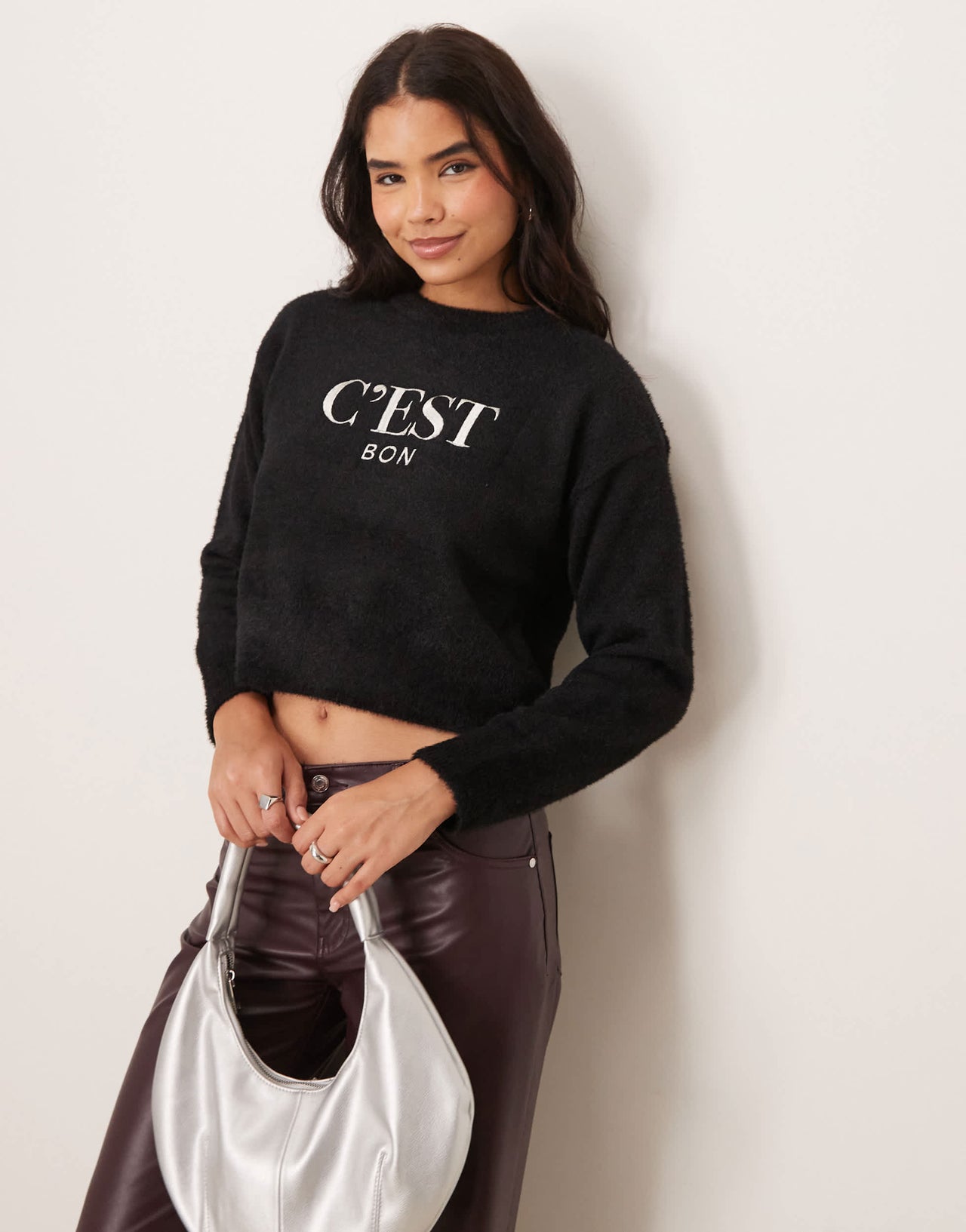 New Look C'est Bon logo fluffy jumper in black