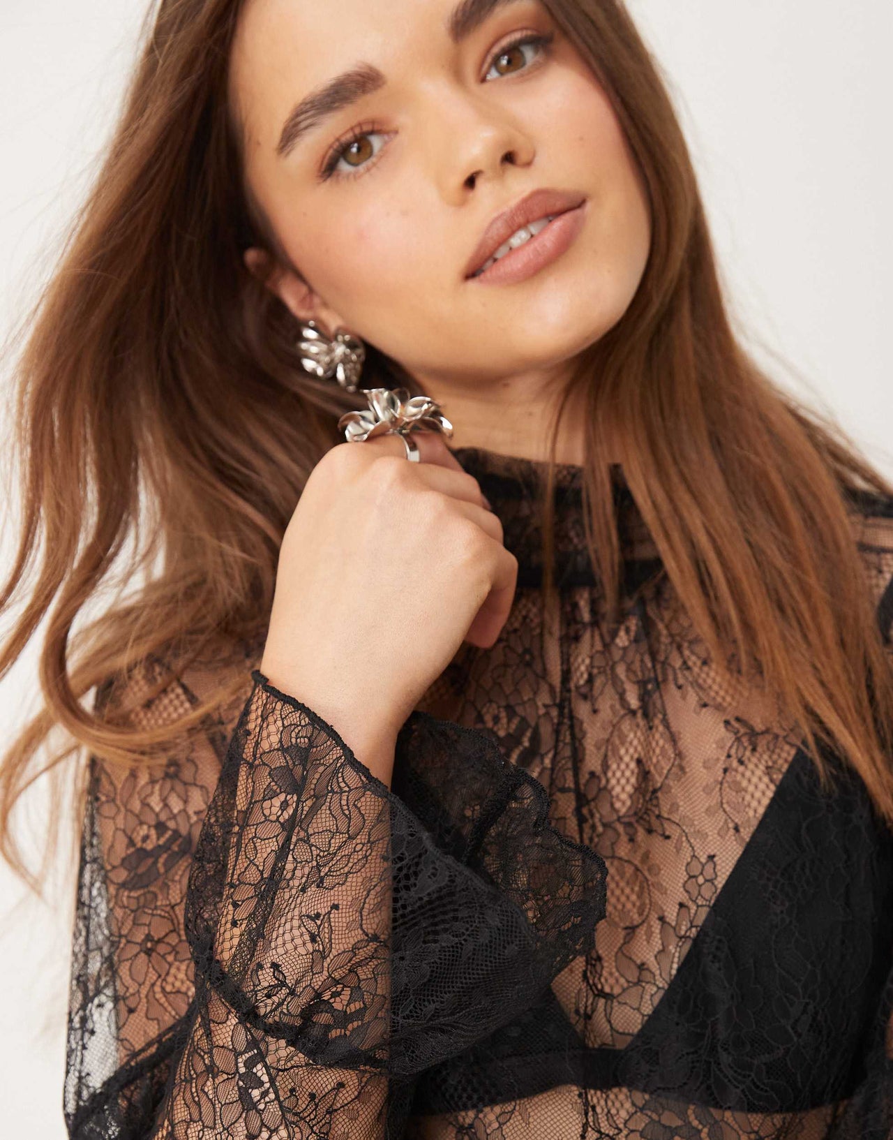 New Look lace high neck blouse in black