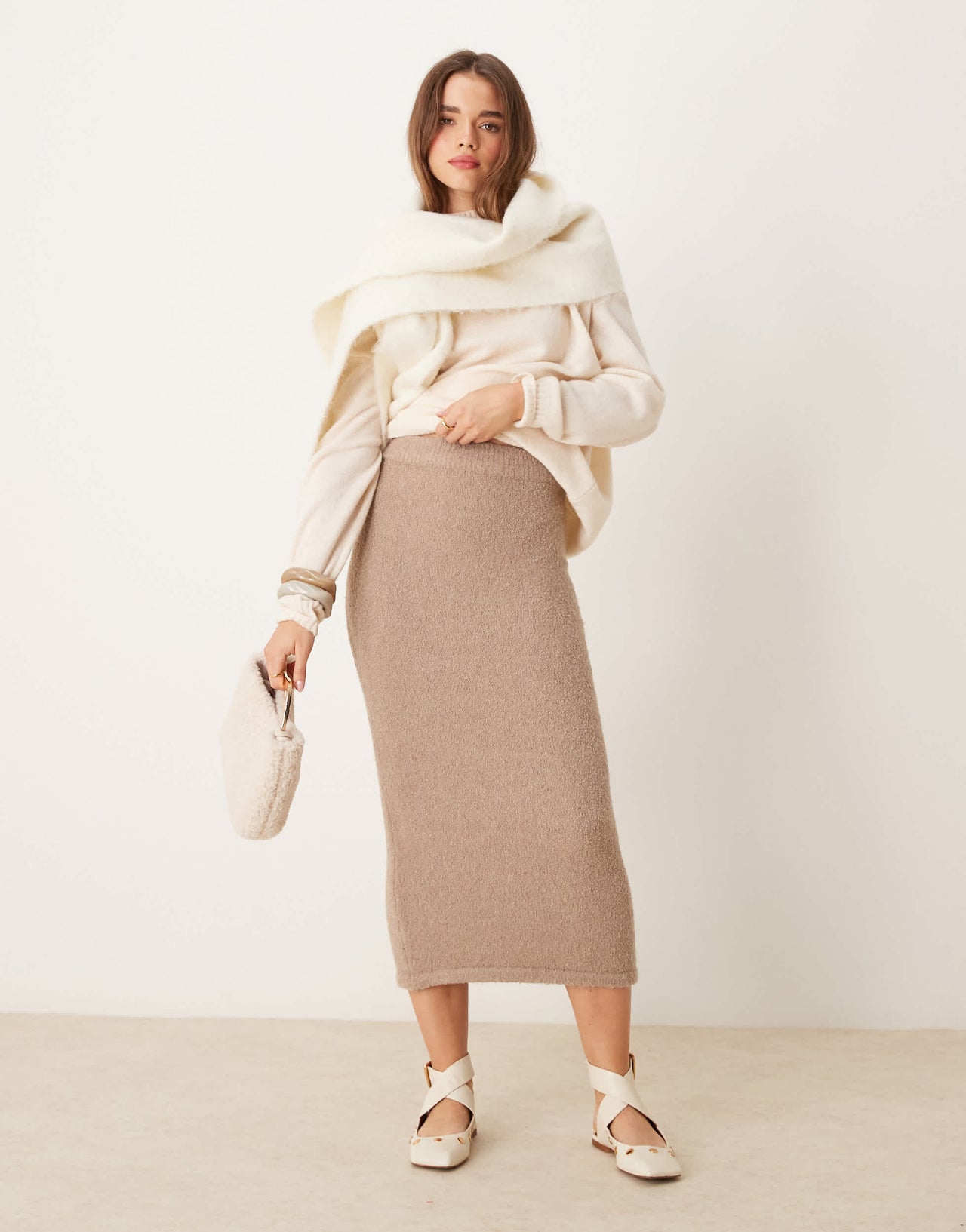 New Look boucle midi skirt in mink