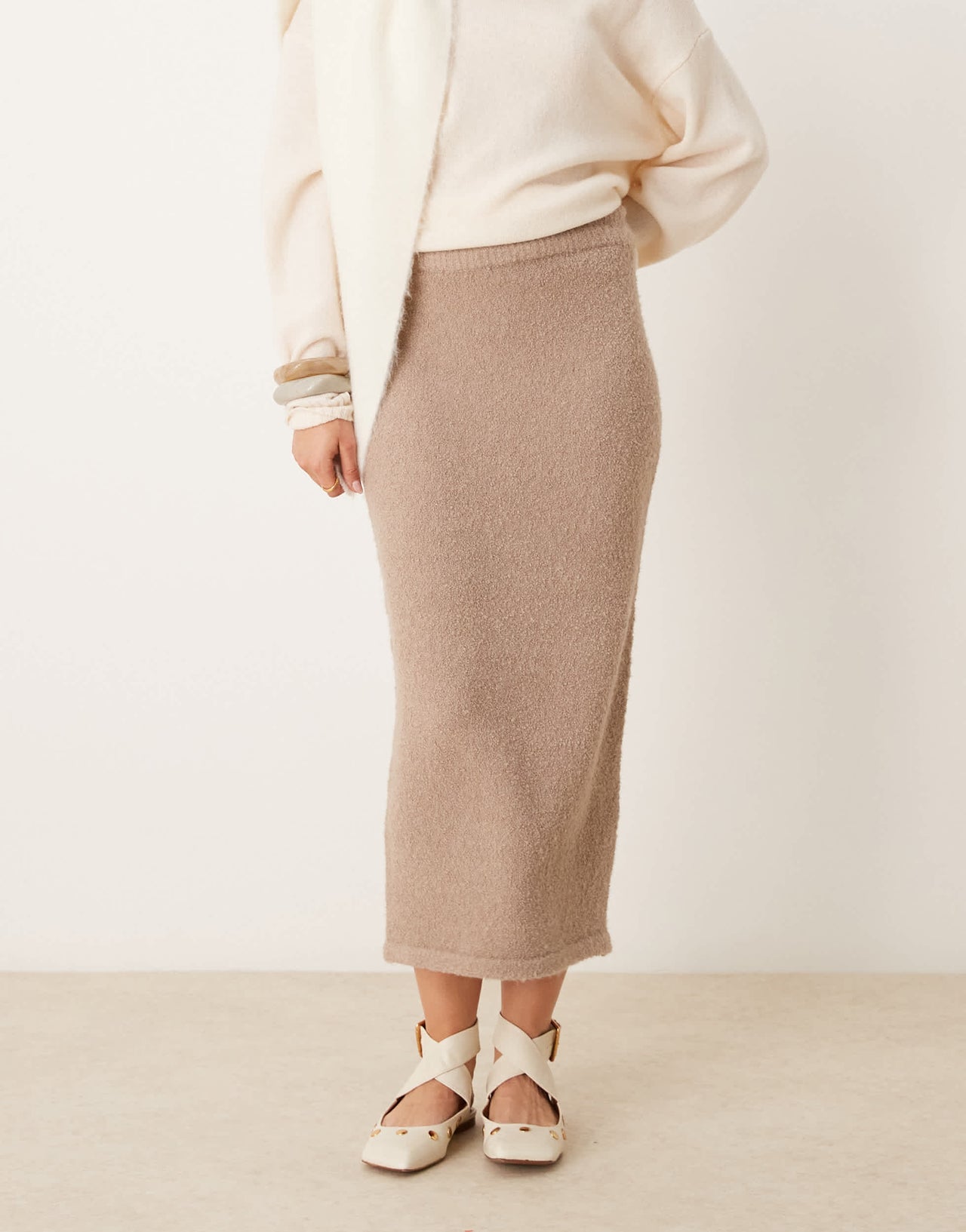 New Look boucle midi skirt in mink