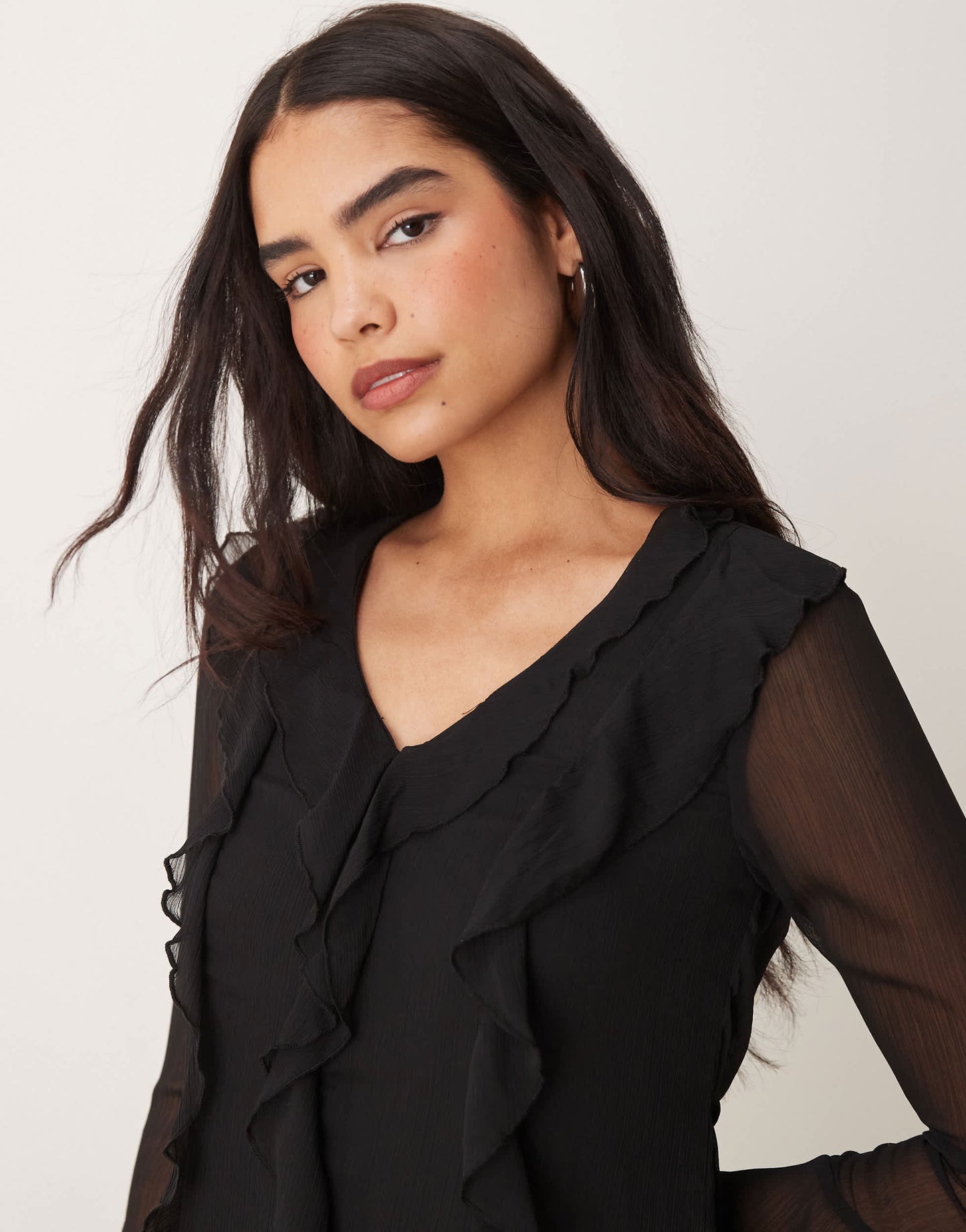 New Look ruffle chiffon long sleeve mini dress in black