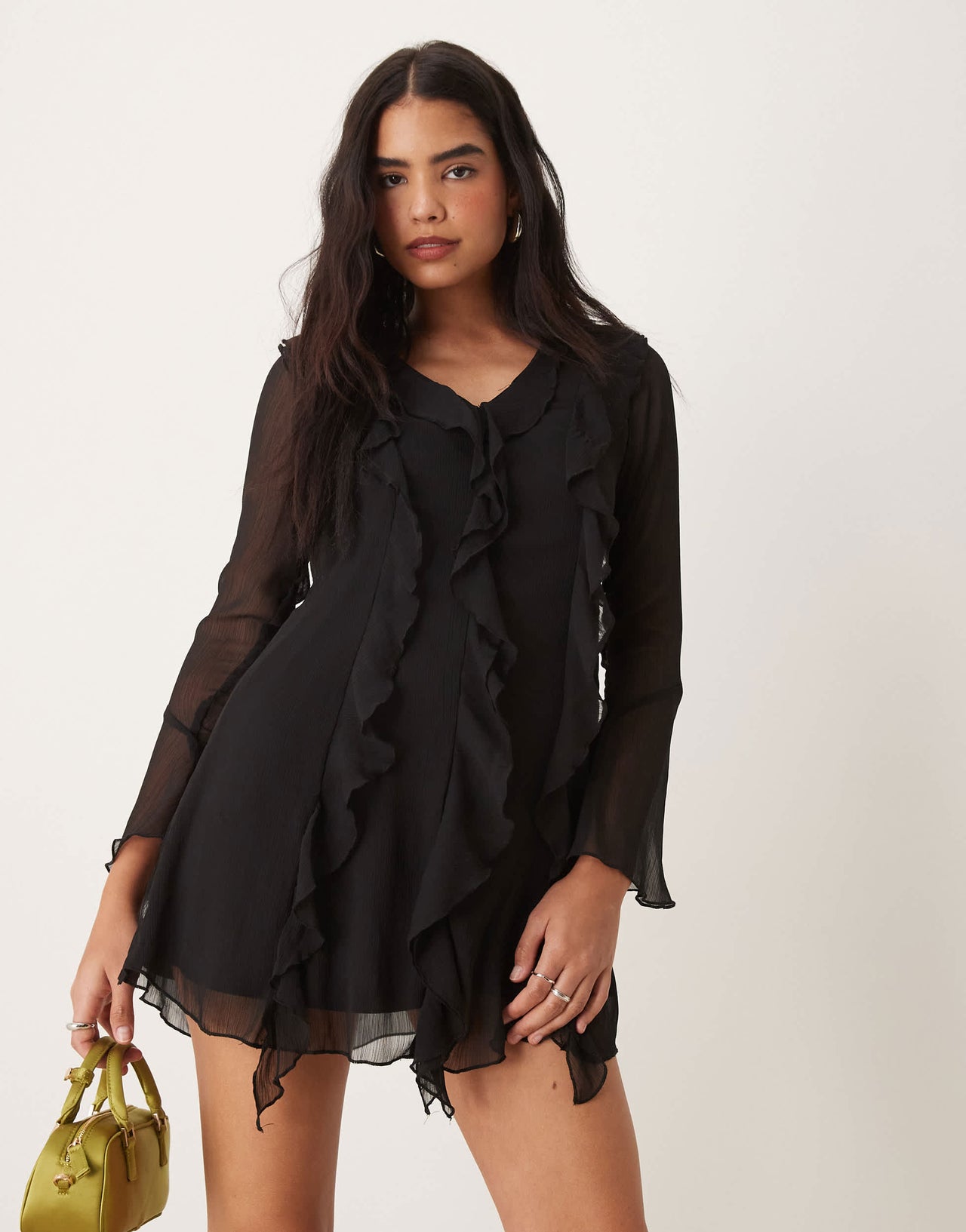 New Look ruffle chiffon long sleeve mini dress in black