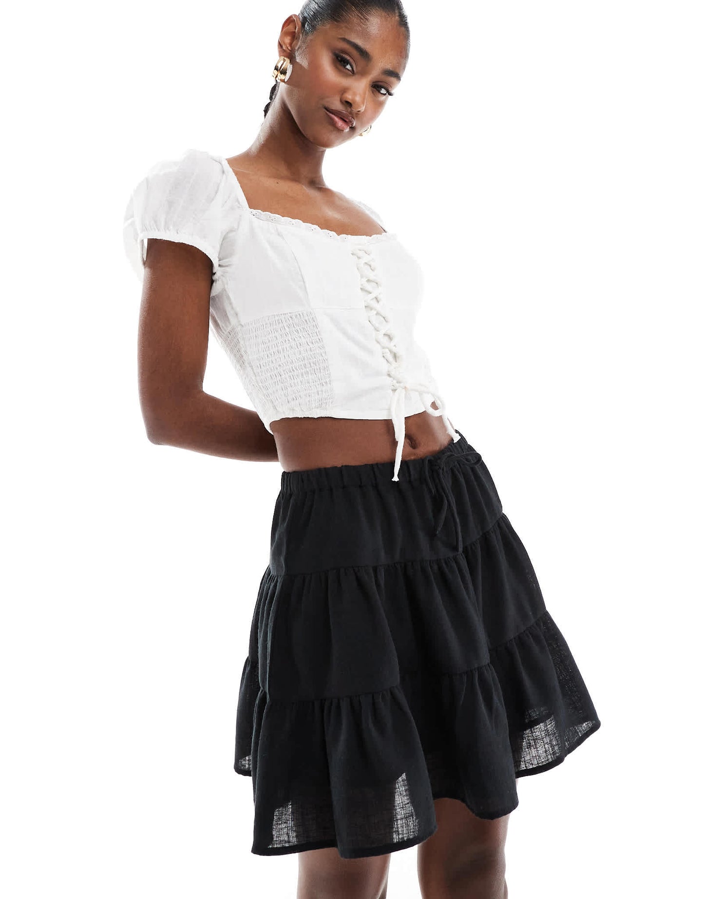 Brave Soul tiered mini skirt in black