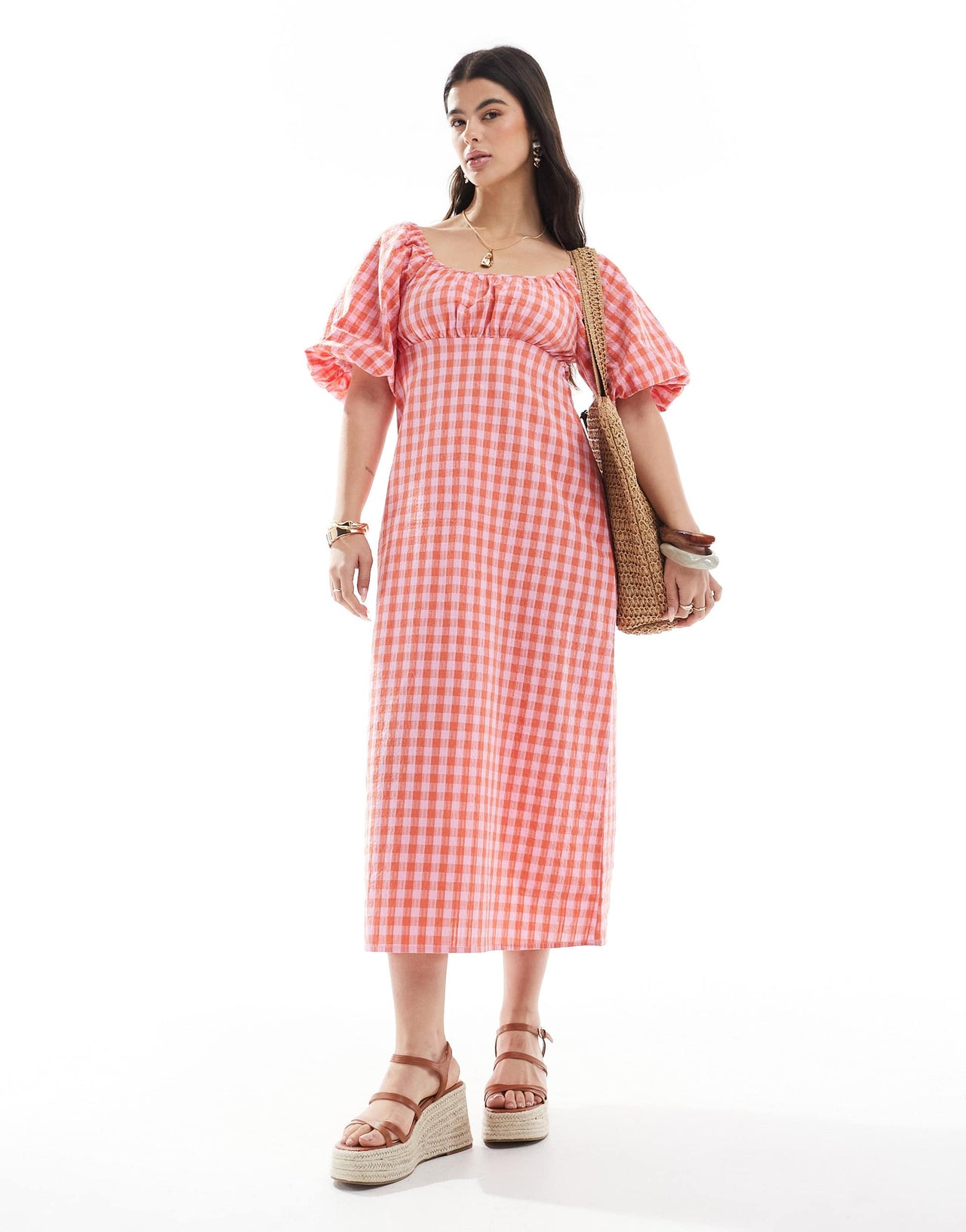 Brave Soul milkmaid puff sleeve gingham dress in pink and orange