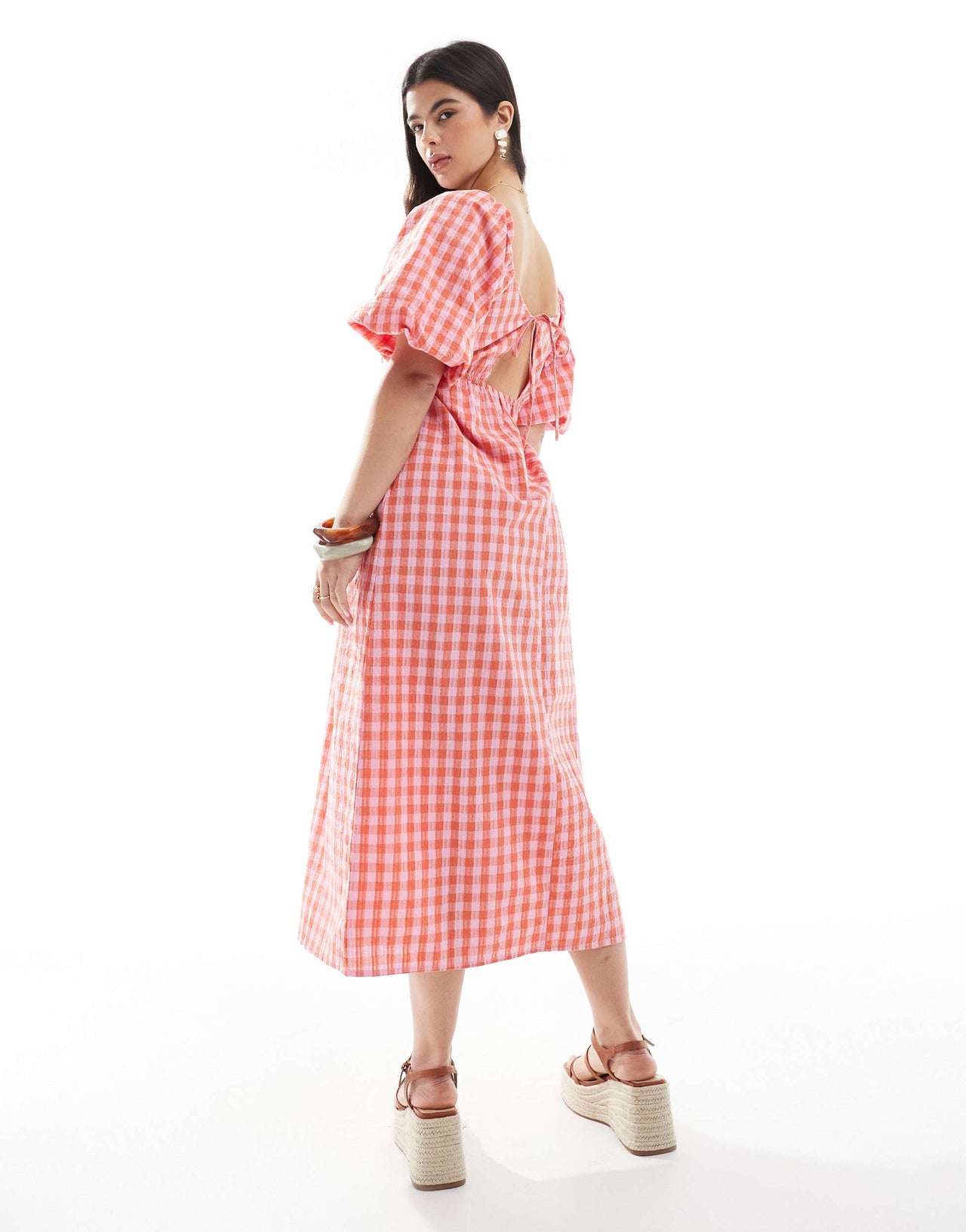 Brave Soul milkmaid puff sleeve gingham dress in pink and orange